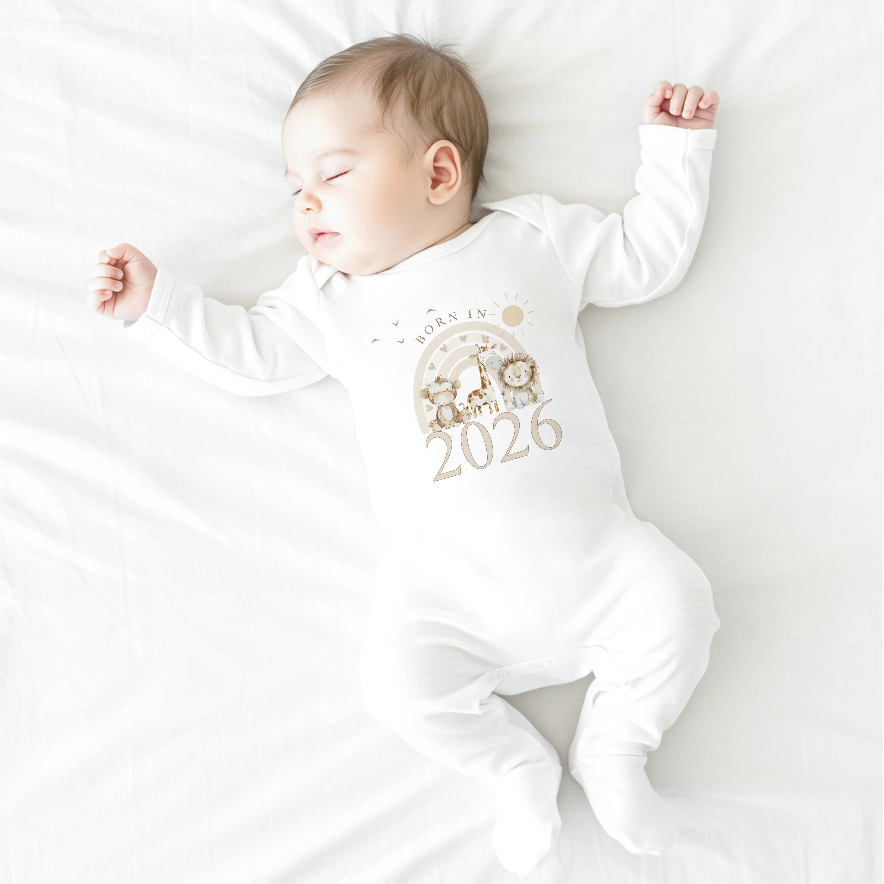 Beige Jungle Rainbow Born in 2026 Baby Grow, Vest or Bib - Image 2