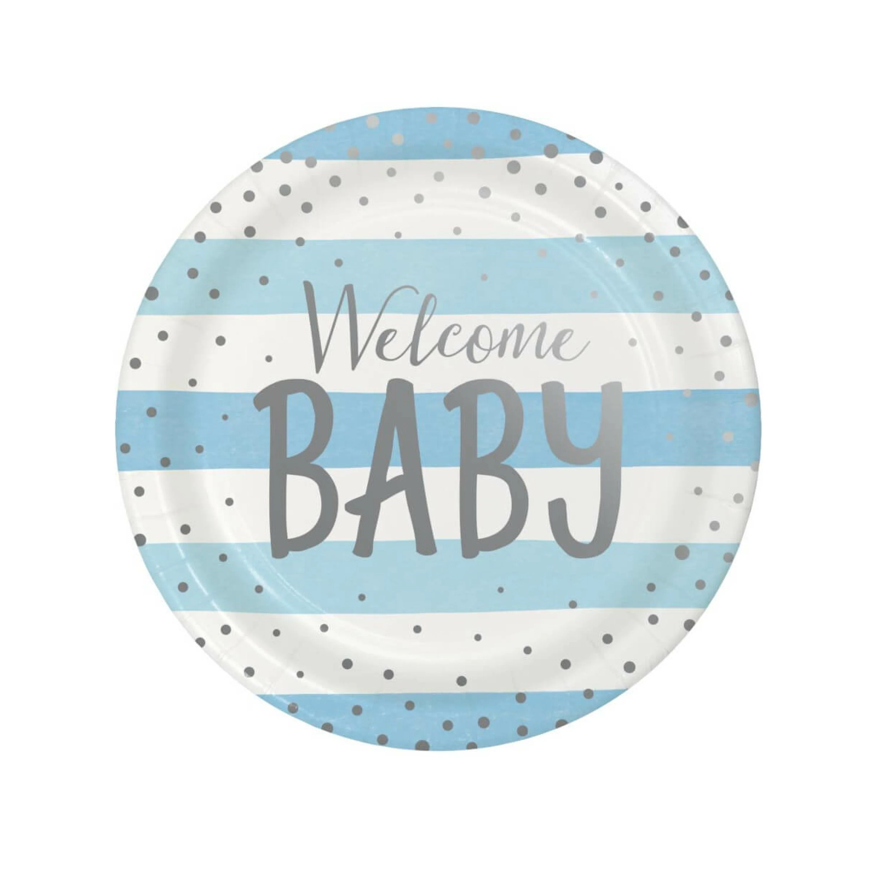 Blue and Silver Paper Dinner Plates Welcome Baby