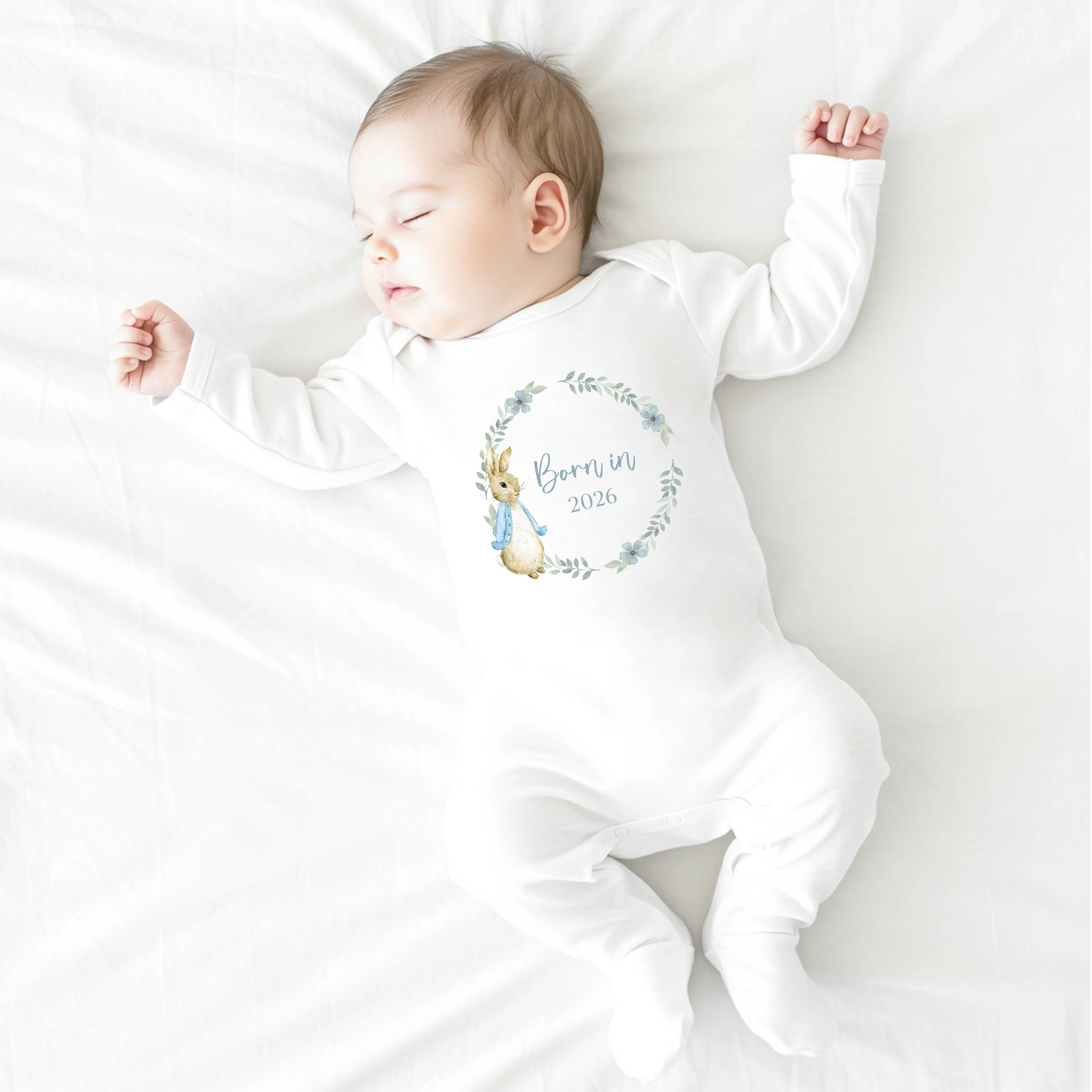 Blue Rabbit Wreath Born in 2026 Baby Grow, Vest or Bib - Image 2