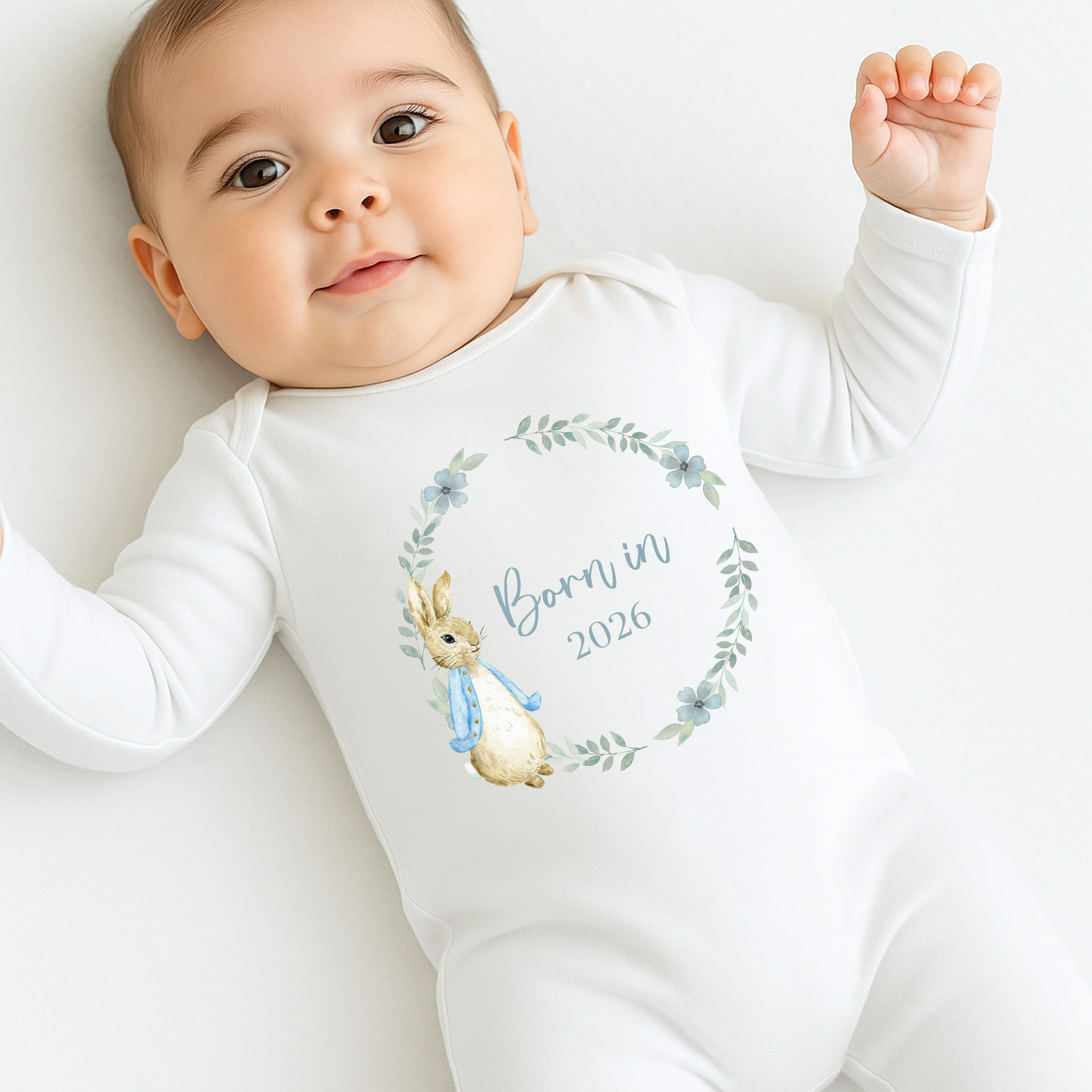 Blue Rabbit Wreath Born in 2026 Baby Grow, Vest or Bib - Image 3