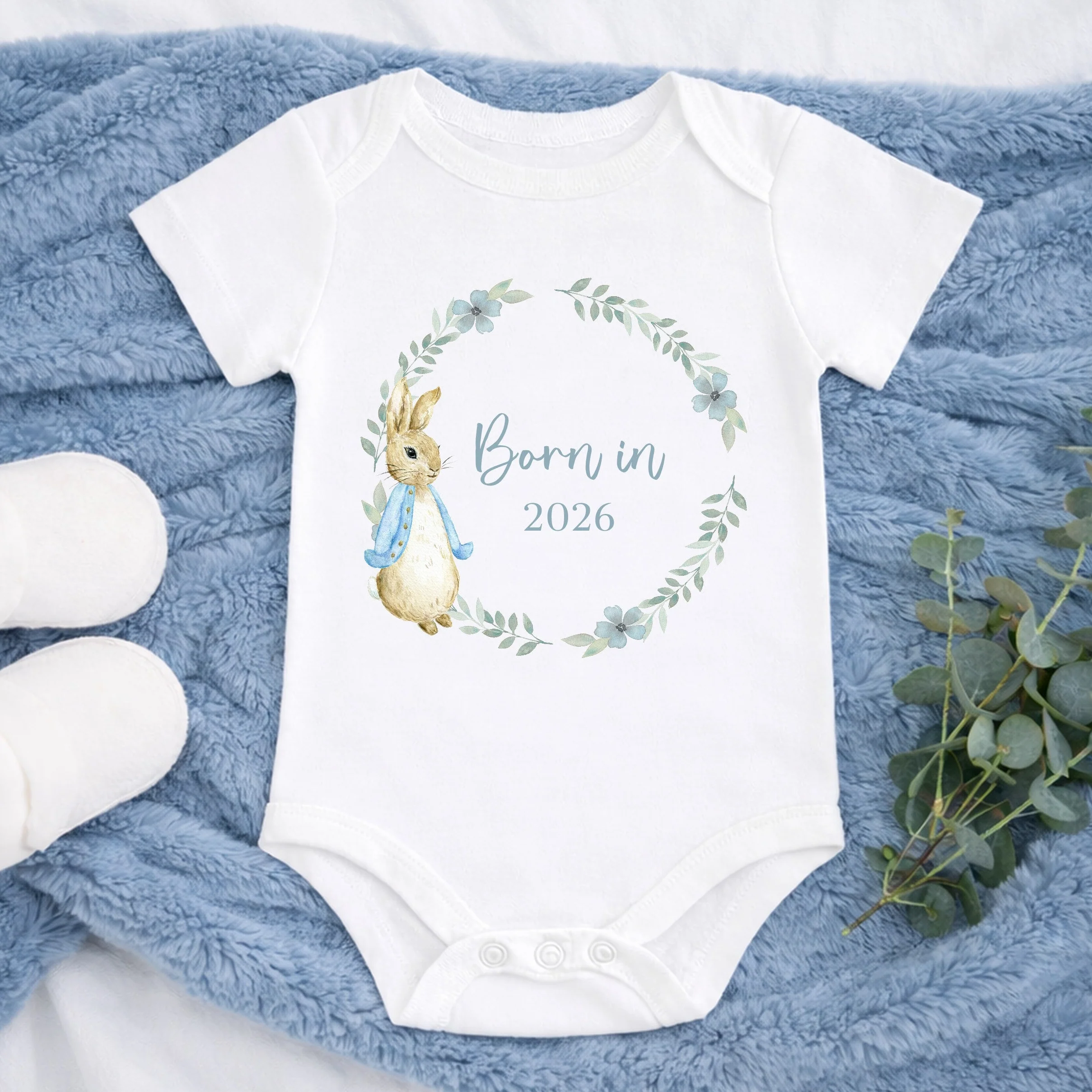 Blue Rabbit Wreath Born in 2026 Baby Grow, Vest or Bib - Image 6