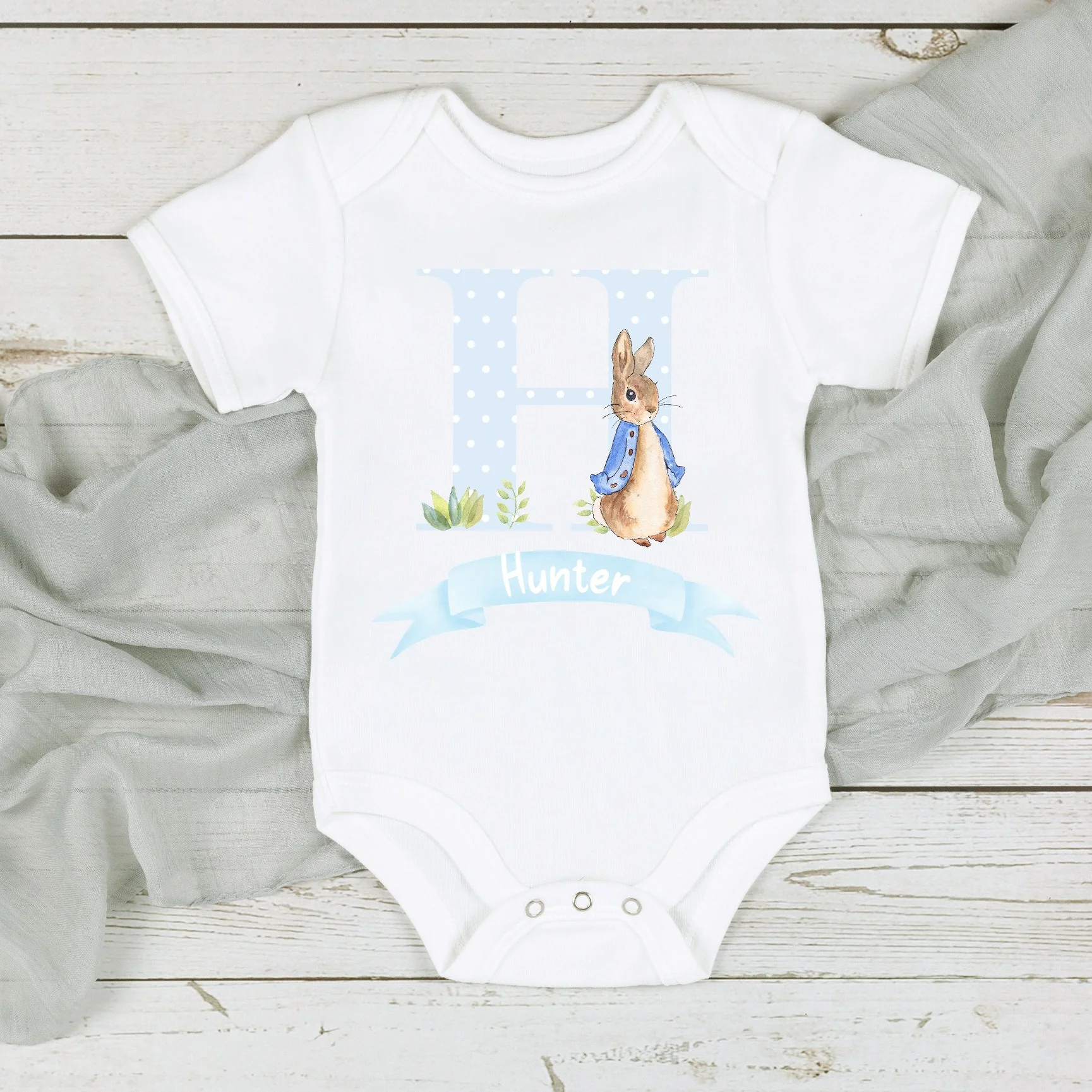 Blue Spotty Rabbit Initial Babygrow/Vest