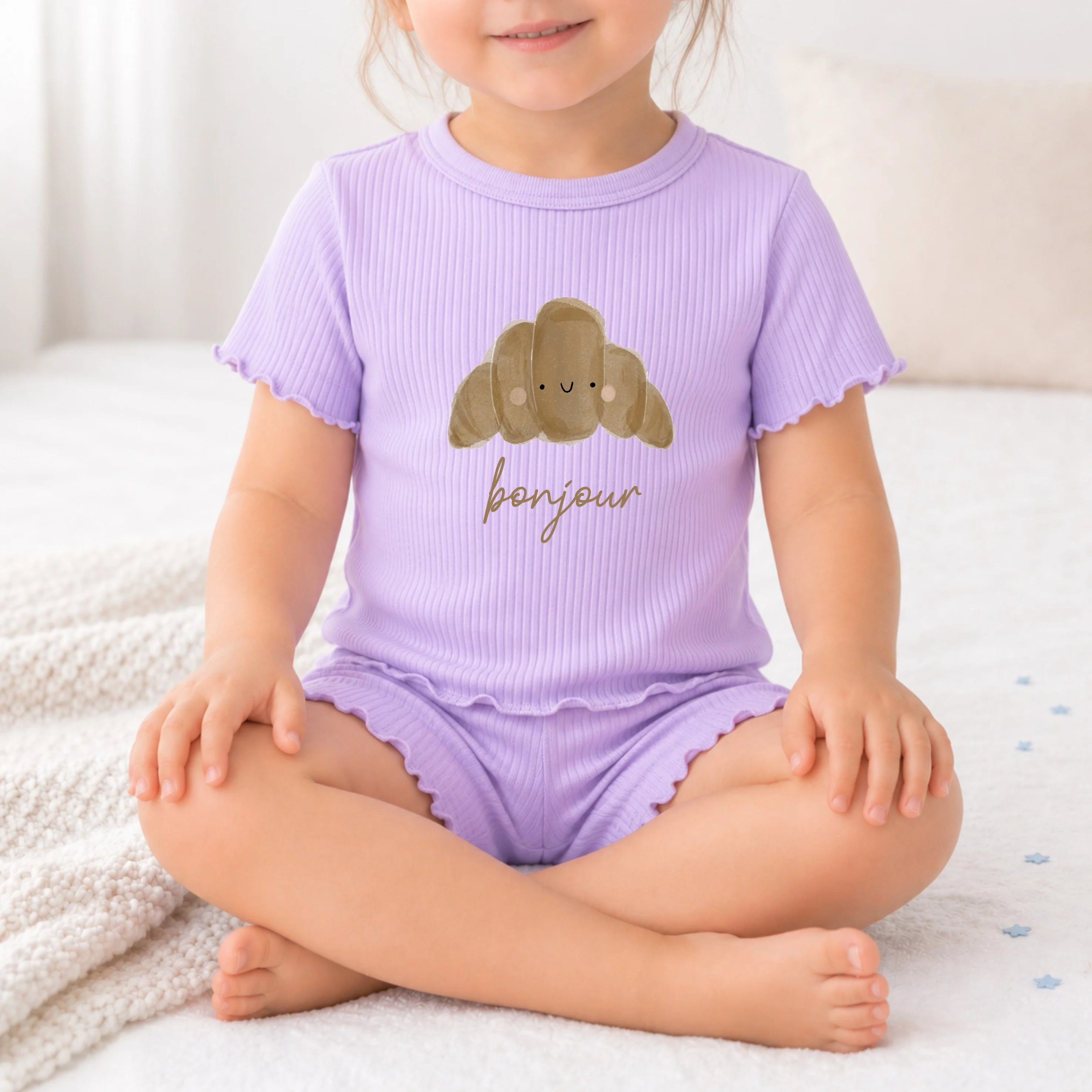 Bonjour Croissant Girls Frilly Ribbed Shorts Set - Image 3