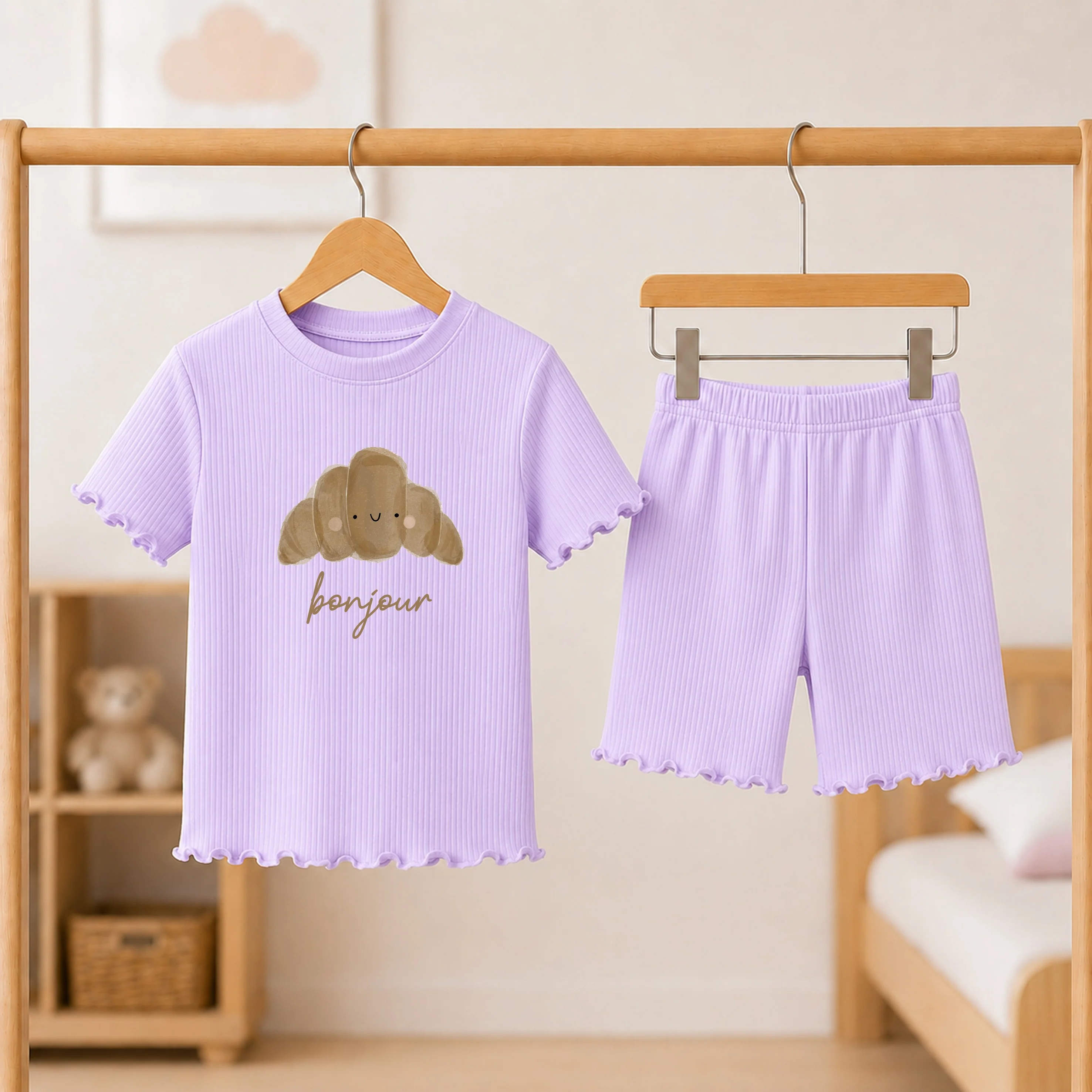 Bonjour Croissant Girls Frilly Ribbed Shorts Set - Image 4