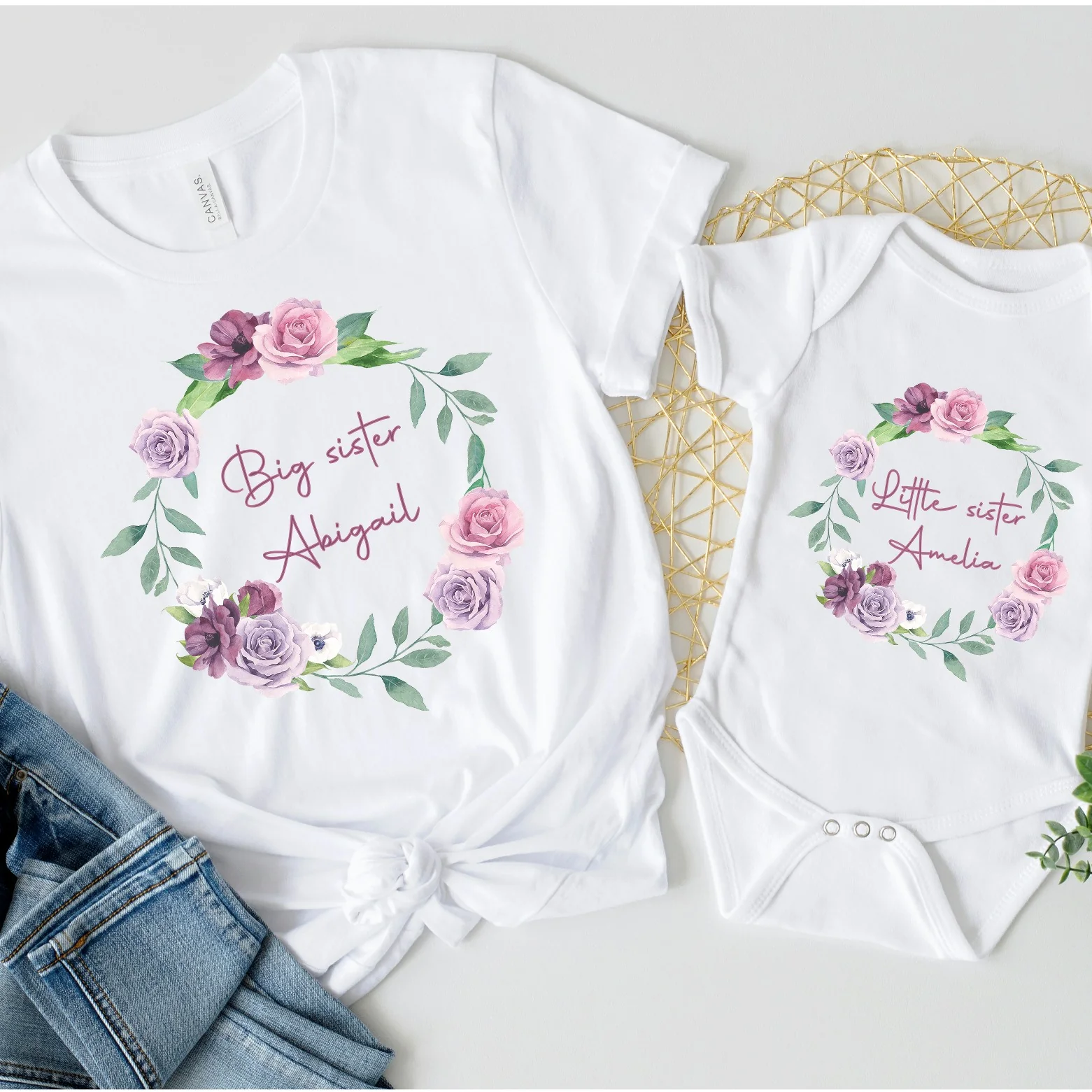 Big Sister Little Sister Pink Floral Wreath Matching Sibling Outfits
