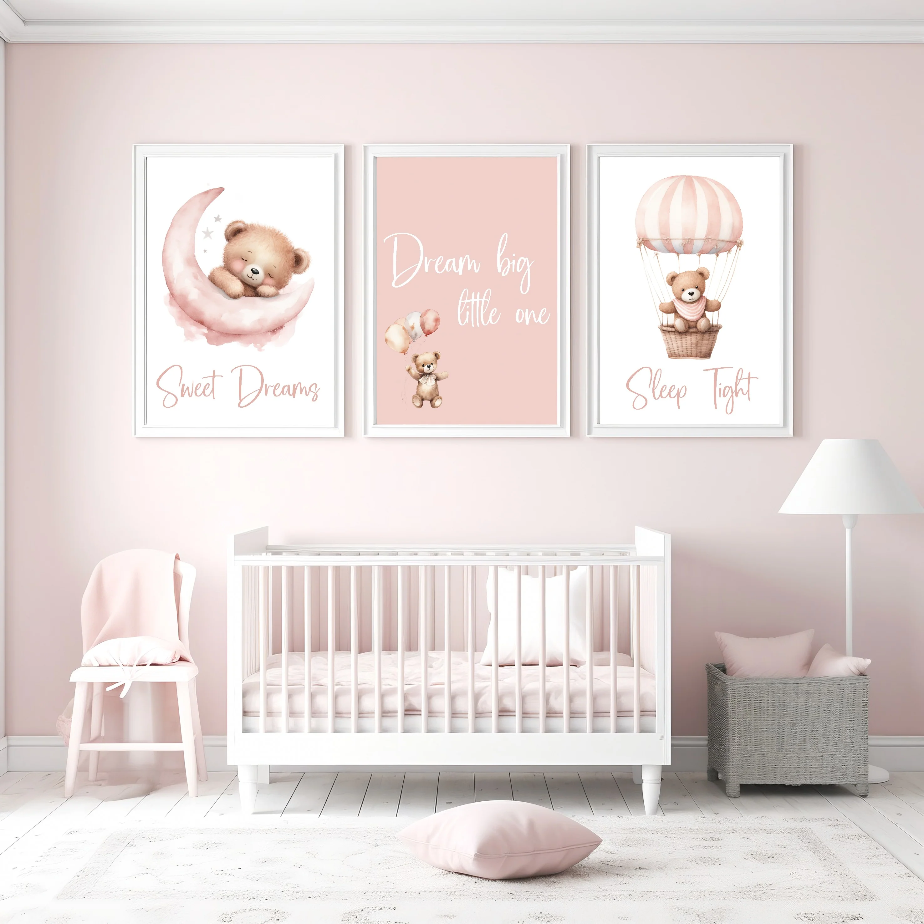 Dream Big Little One Pink Teddy Set of 3 Wall Art