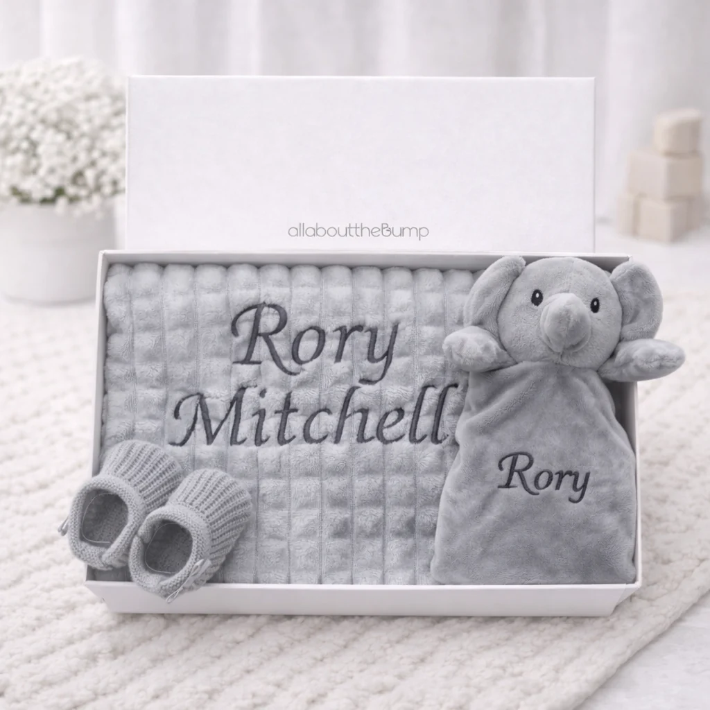 Embroidered Grey Waffle Blanket and Comforter Gift Set