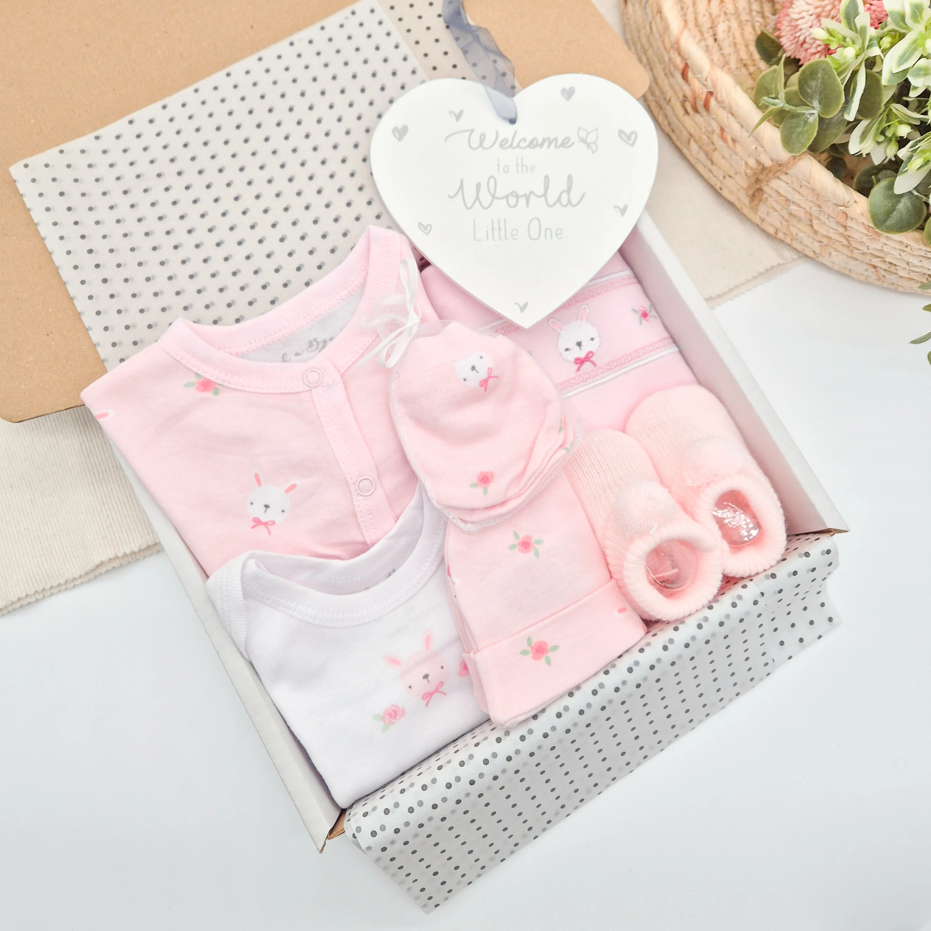 Girls Pink White Bunny and Plaque Hamper Set