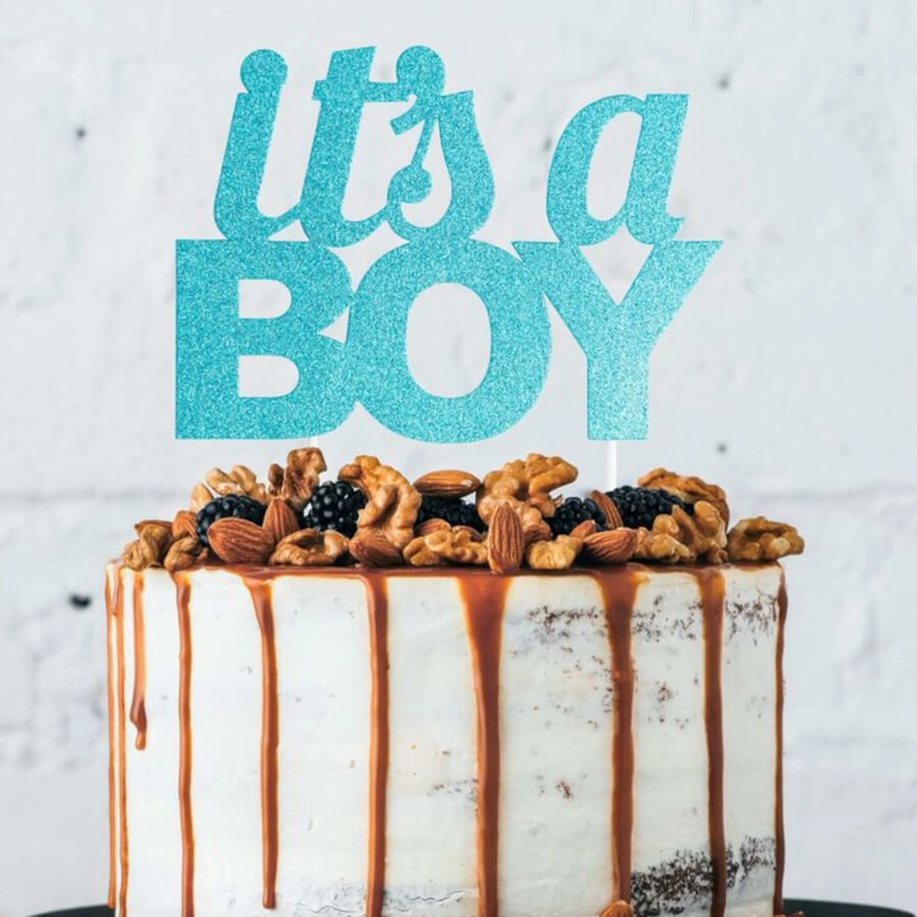 Blue Its A Boy Glitter Cake Topper