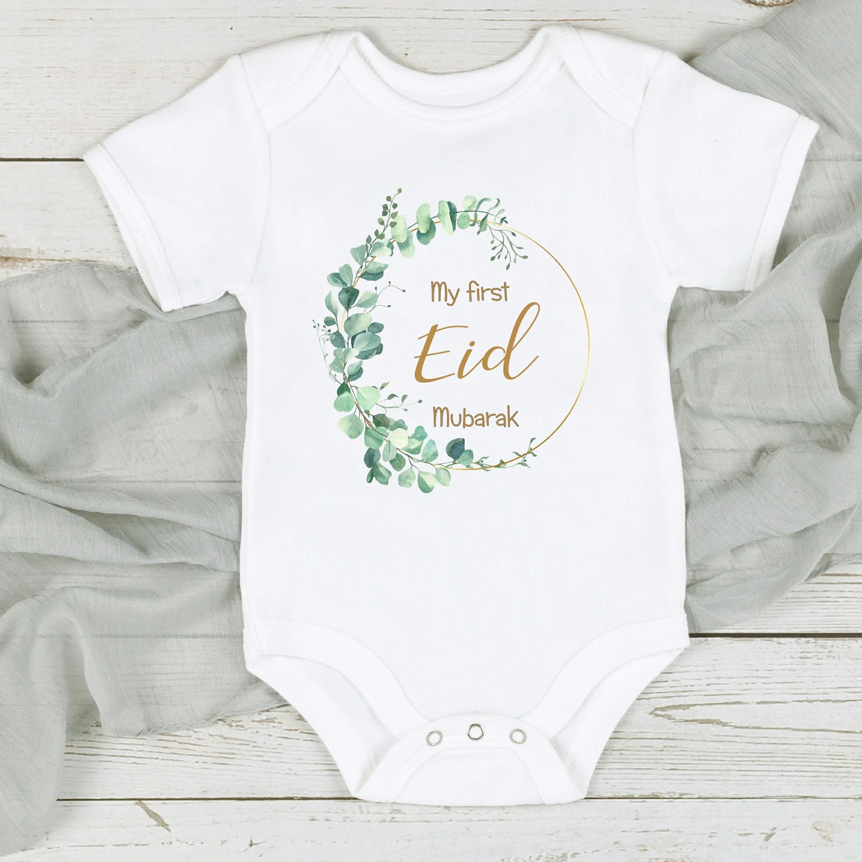 Green Floral Wreath My First Eid Mubarak Baby Grow or Vest - Image 3