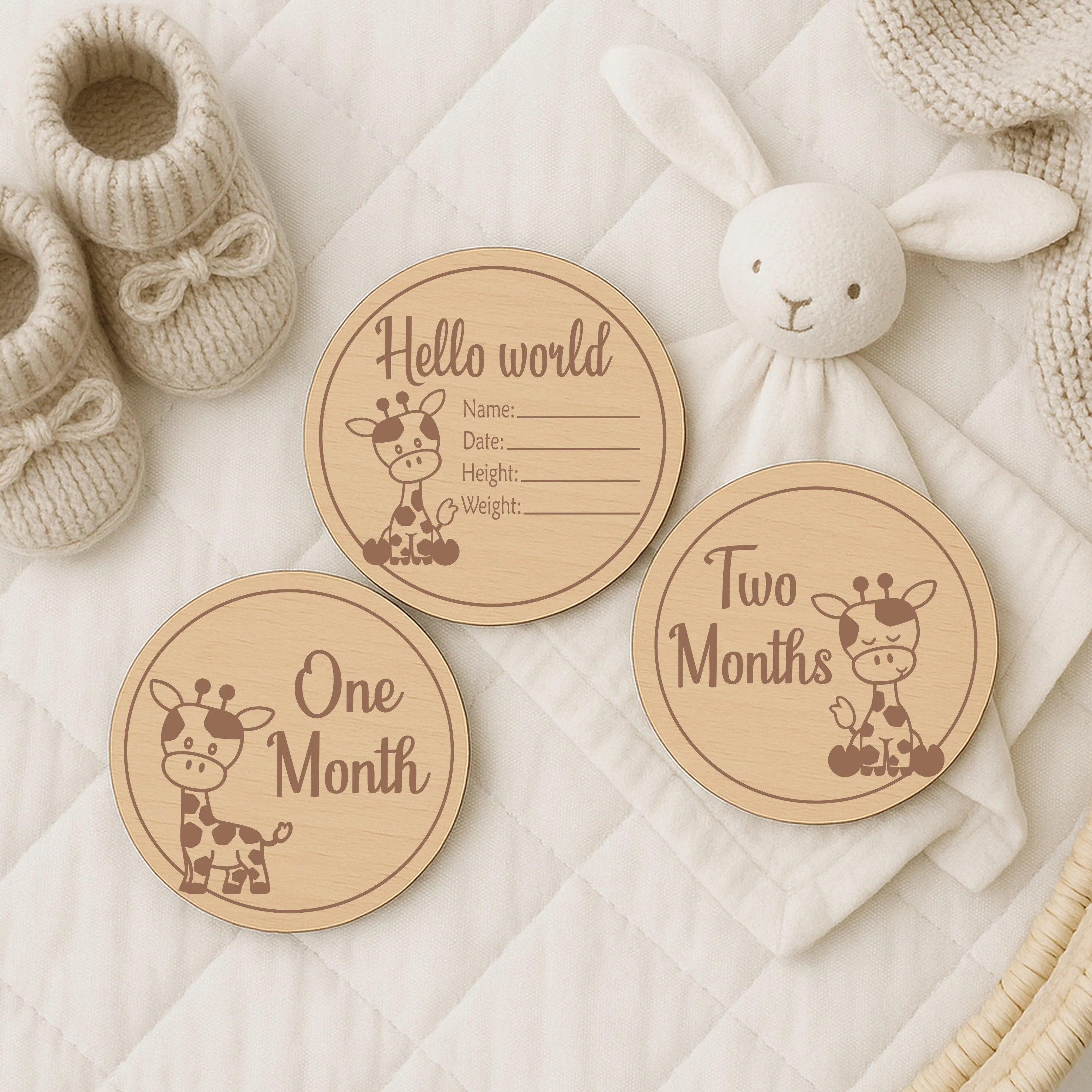 Hello World Giraffe Baby Milestone Wooden Plaque Set