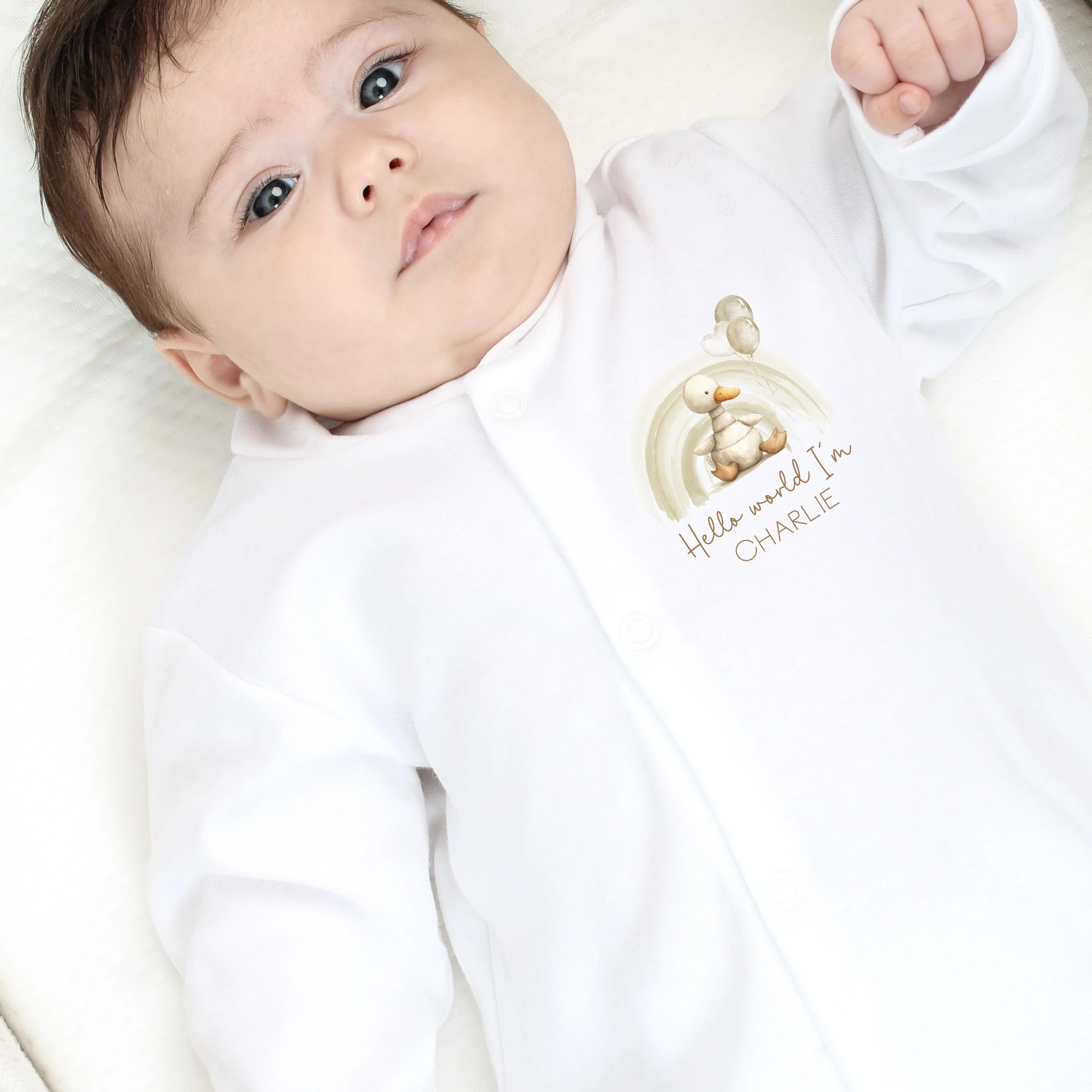Hello World Rainbow Duck Popper Front Babygrow - Image 2