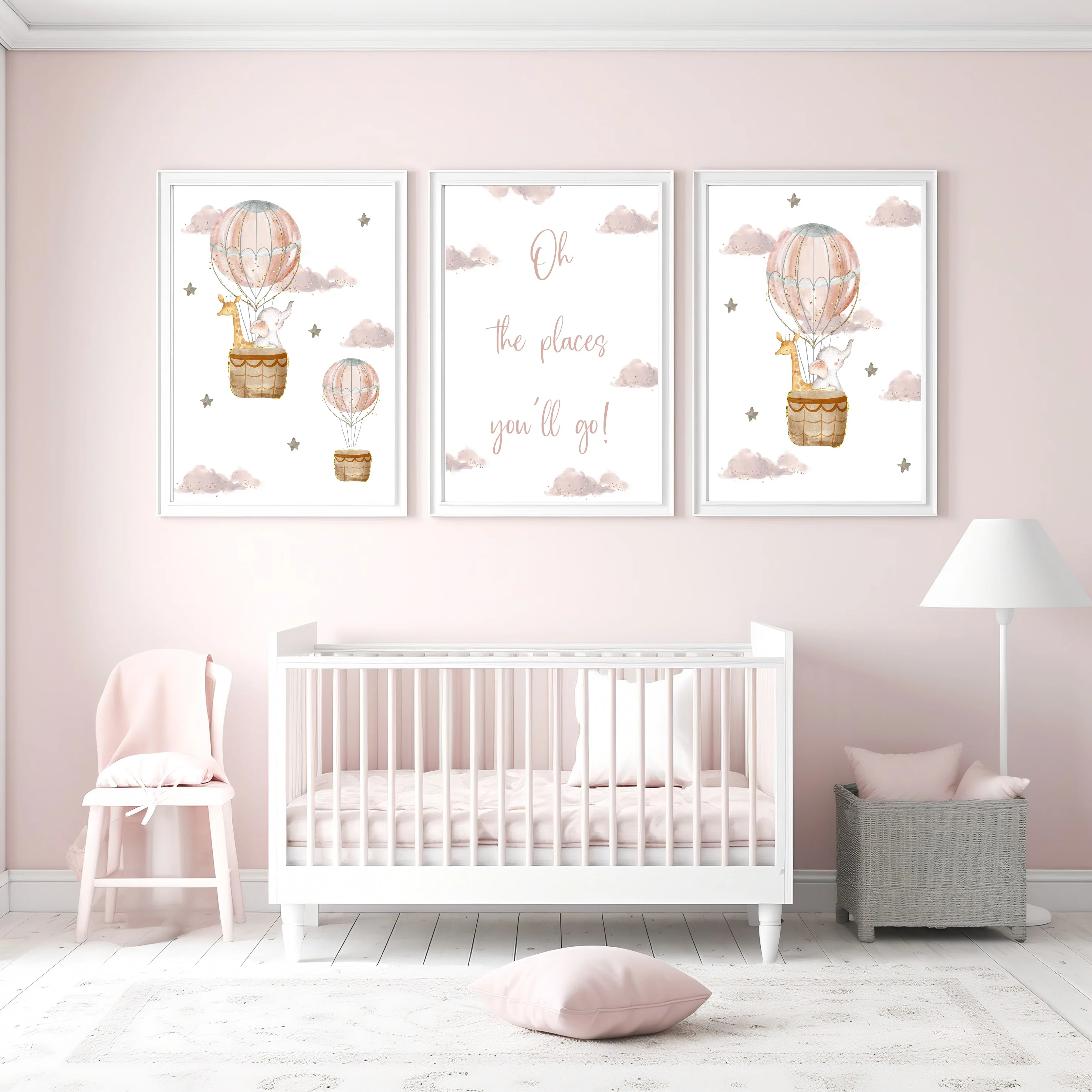 Oh The Places You'll Go Pink Hot Air Balloon Set of 3 Wall Art