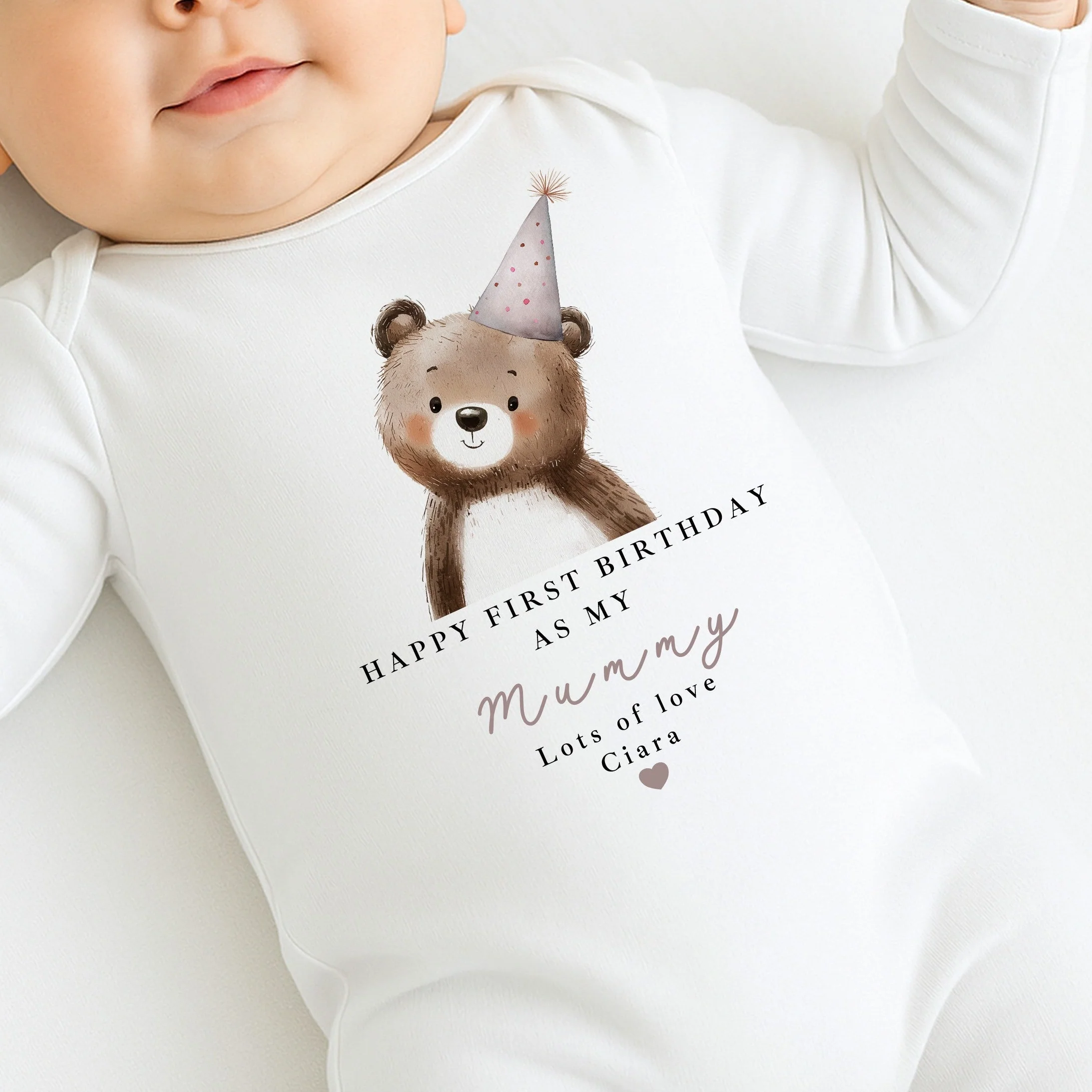Personalised Bear Happy First Birthday As My Mummy Baby Grow or Vest - Image 2