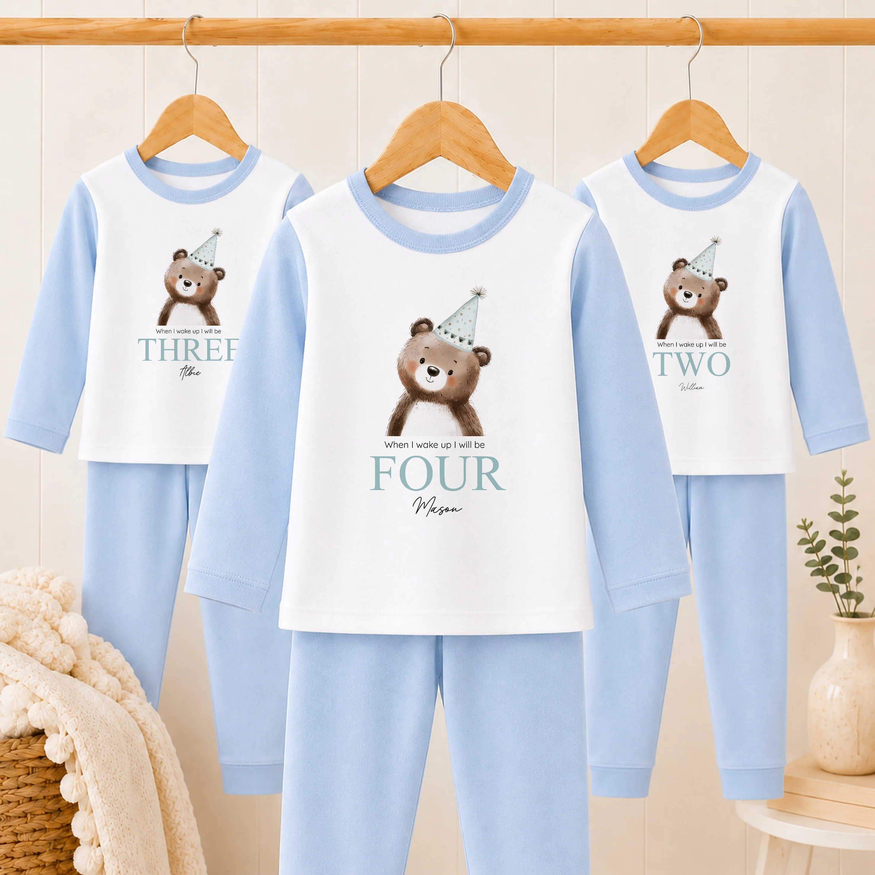 Personalised Bear Party Hat Blue Any Age Birthday Pyjamas - Image 3