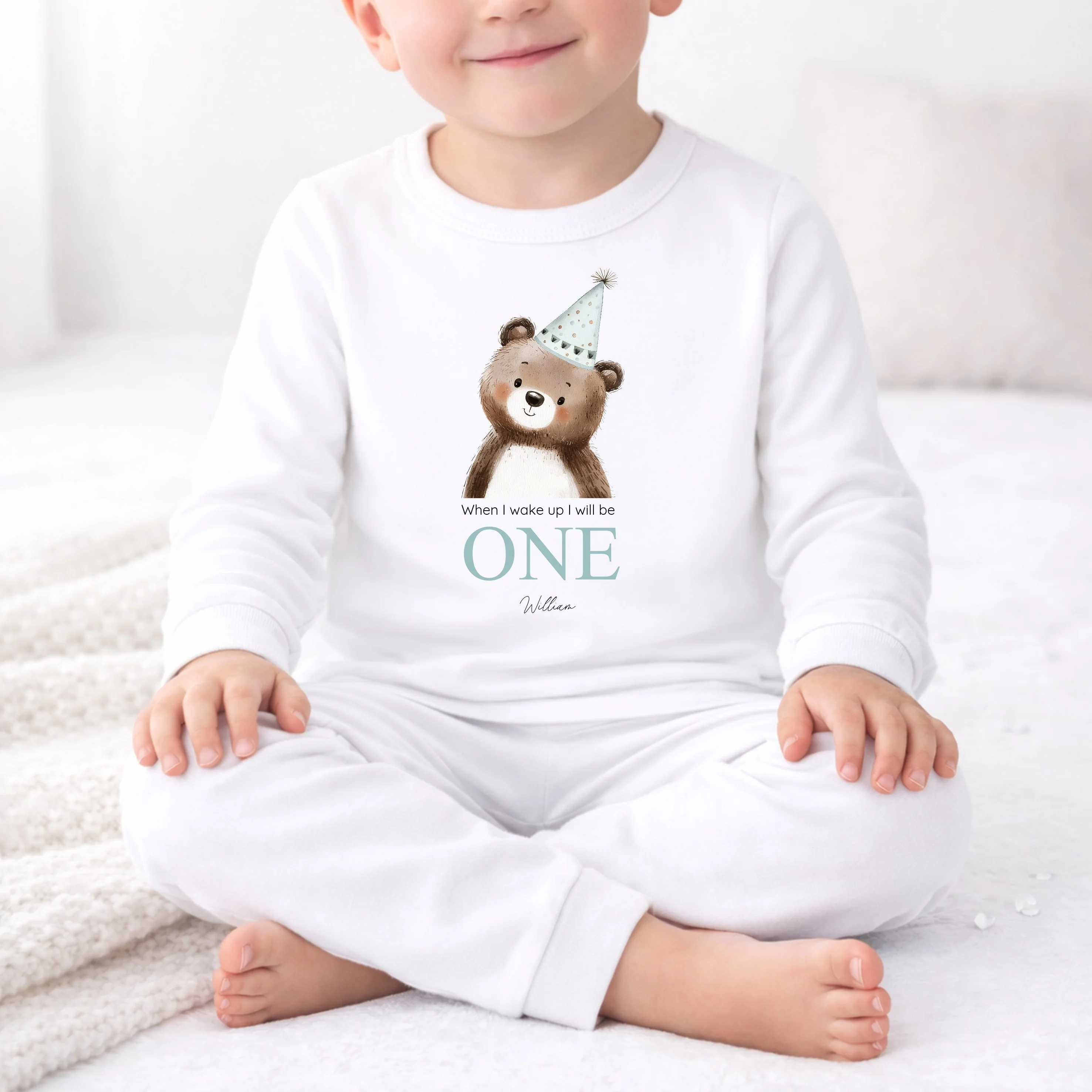 Personalised Bear Party Hat Blue First Birthday Pyjamas - Image 3