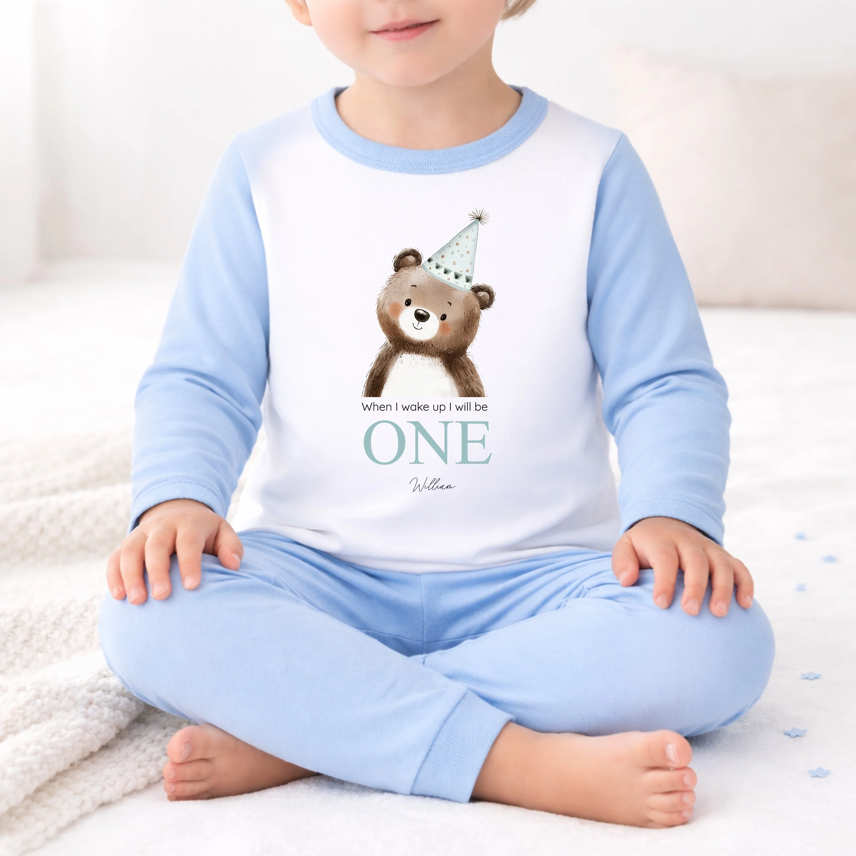 Personalised Bear Party Hat Blue First Birthday Pyjamas - Image 4