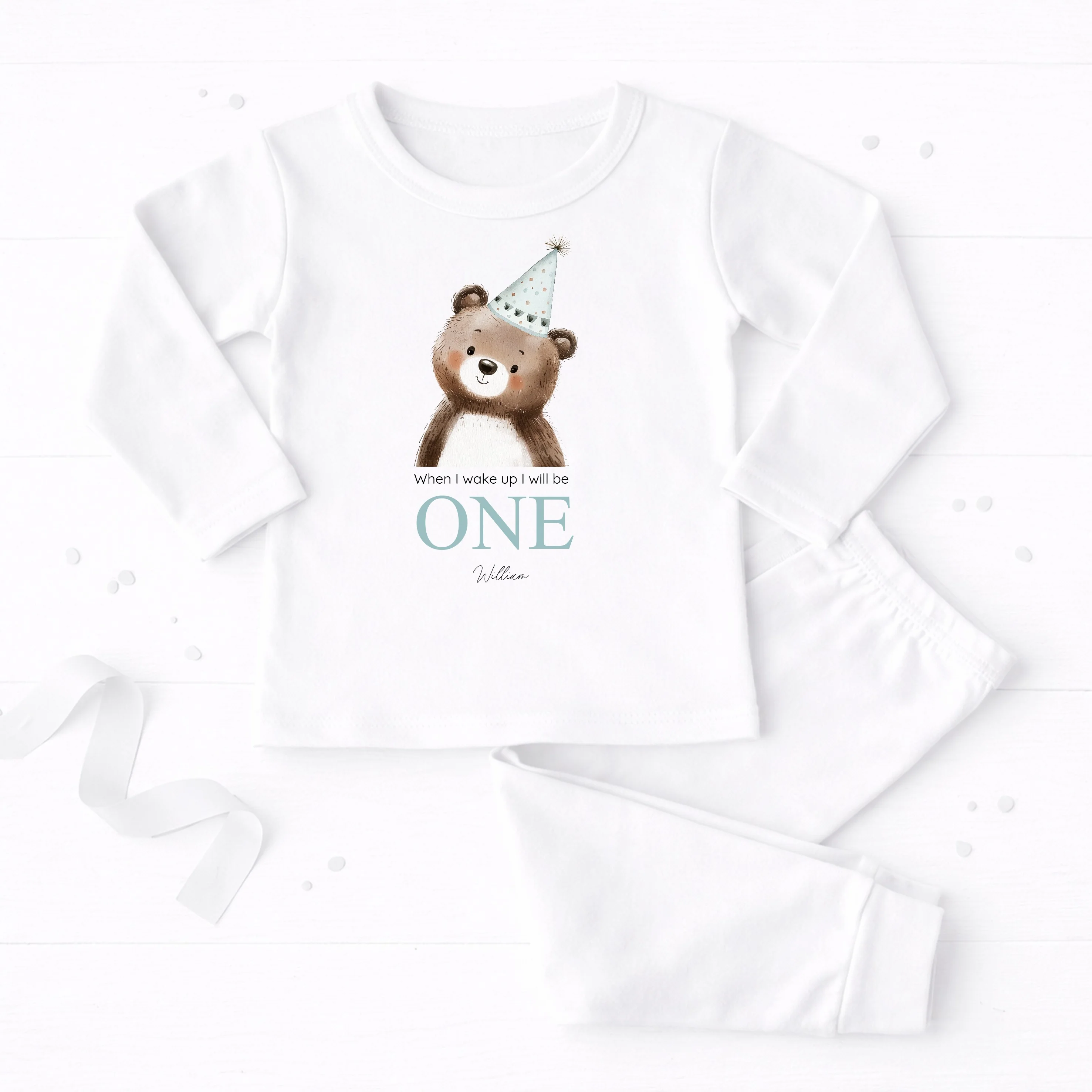 Personalised Bear Party Hat Blue First Birthday Pyjamas - Image 2