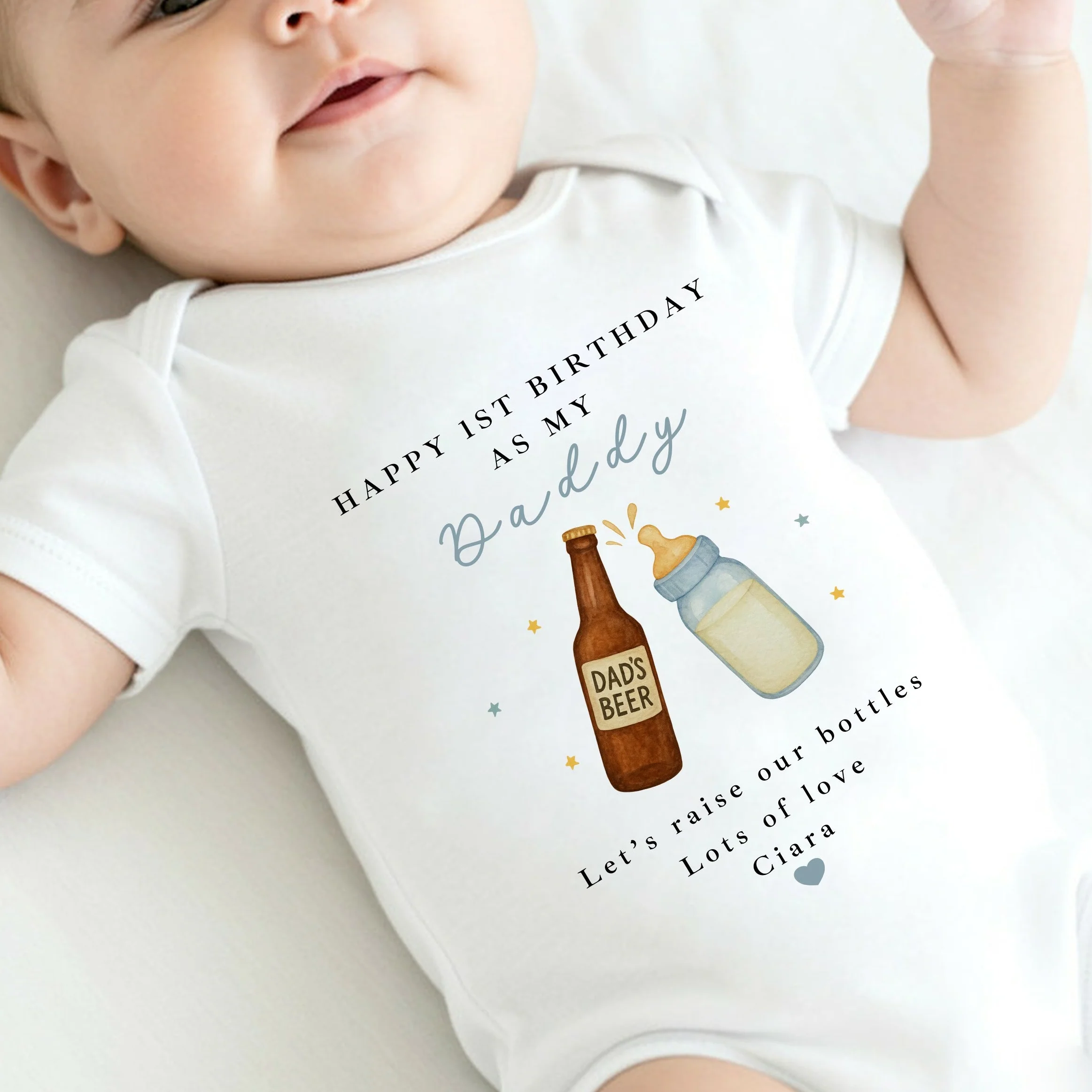 Personalised Beer & Milk Happy First Birthday as My Daddy Baby Grow or Vest