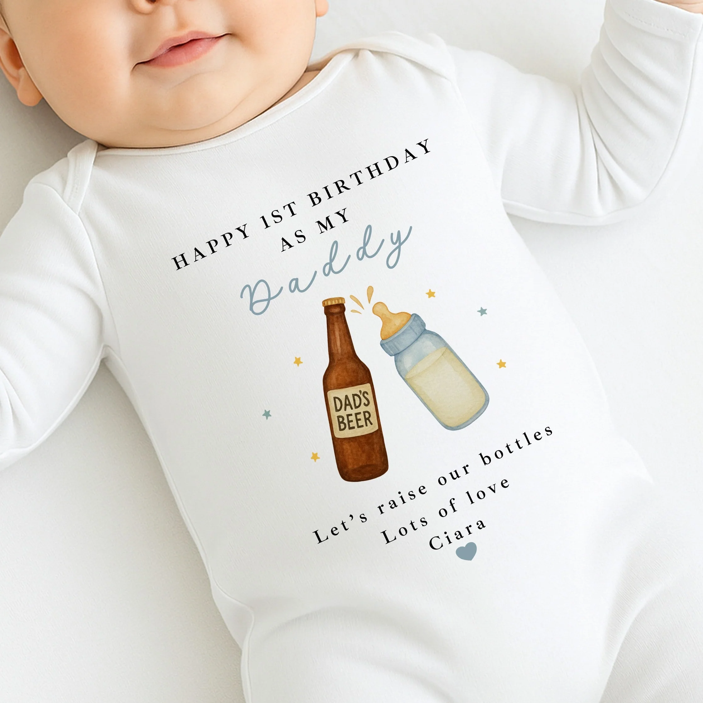 Personalised Beer & Milk Happy First Birthday as My Daddy Baby Grow or Vest - Image 2