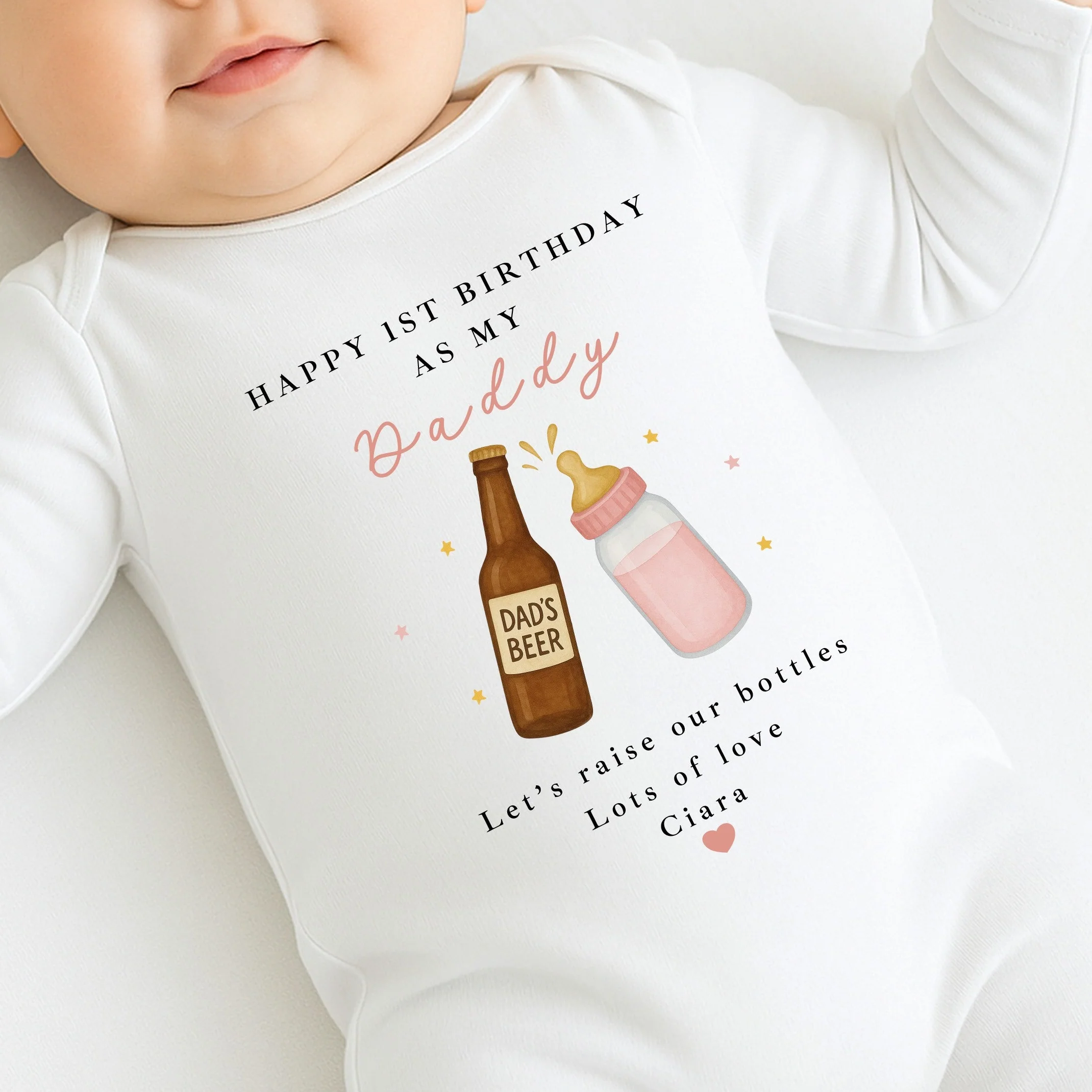 Personalised Beer & Milk Pink Happy First Birthday As My Daddy Baby Grow or Vest - Image 2