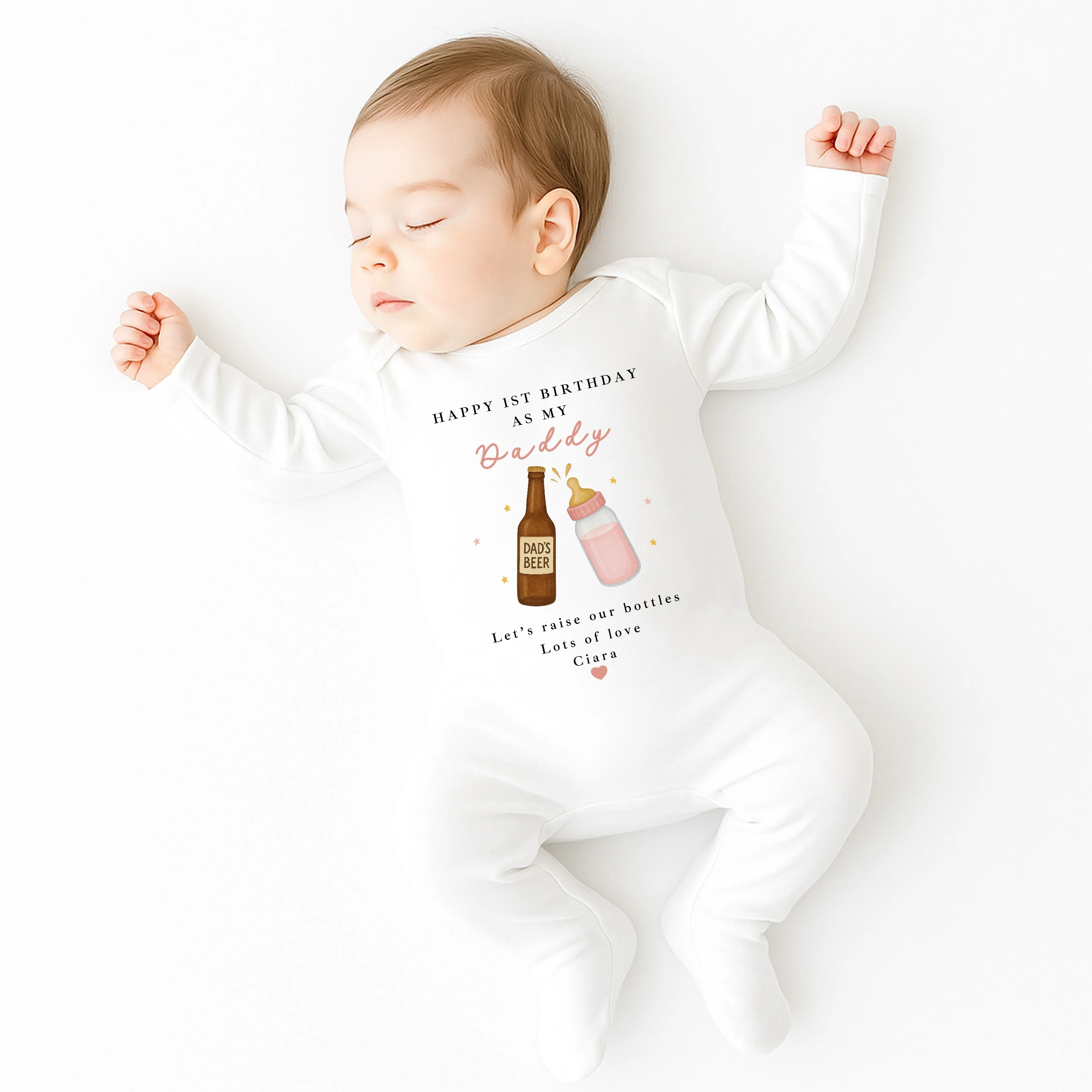 Personalised Beer & Milk Pink Happy First Birthday As My Daddy Baby Grow or Vest - Image 3