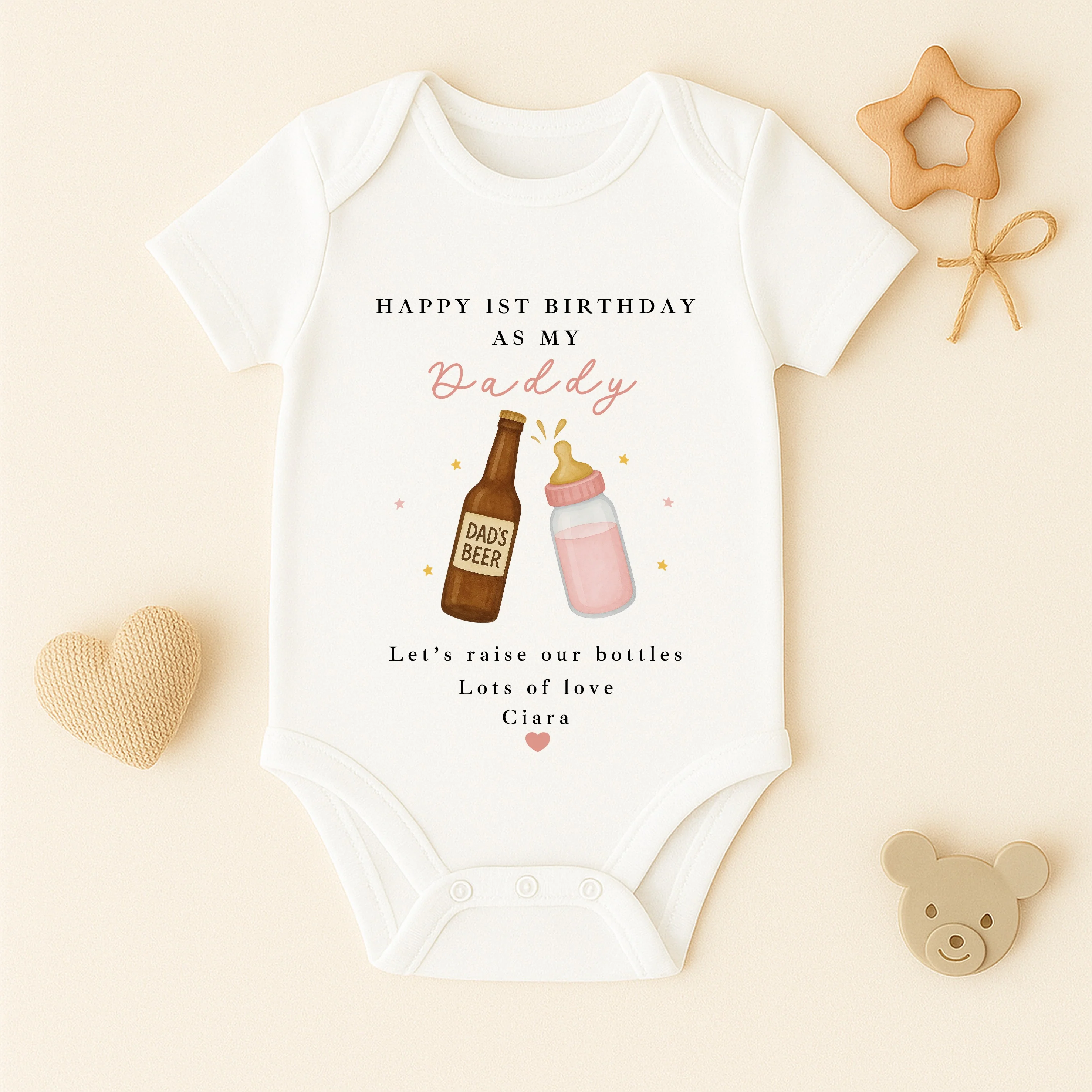 Personalised Beer & Milk Pink Happy First Birthday As My Daddy Baby Grow or Vest - Image 4