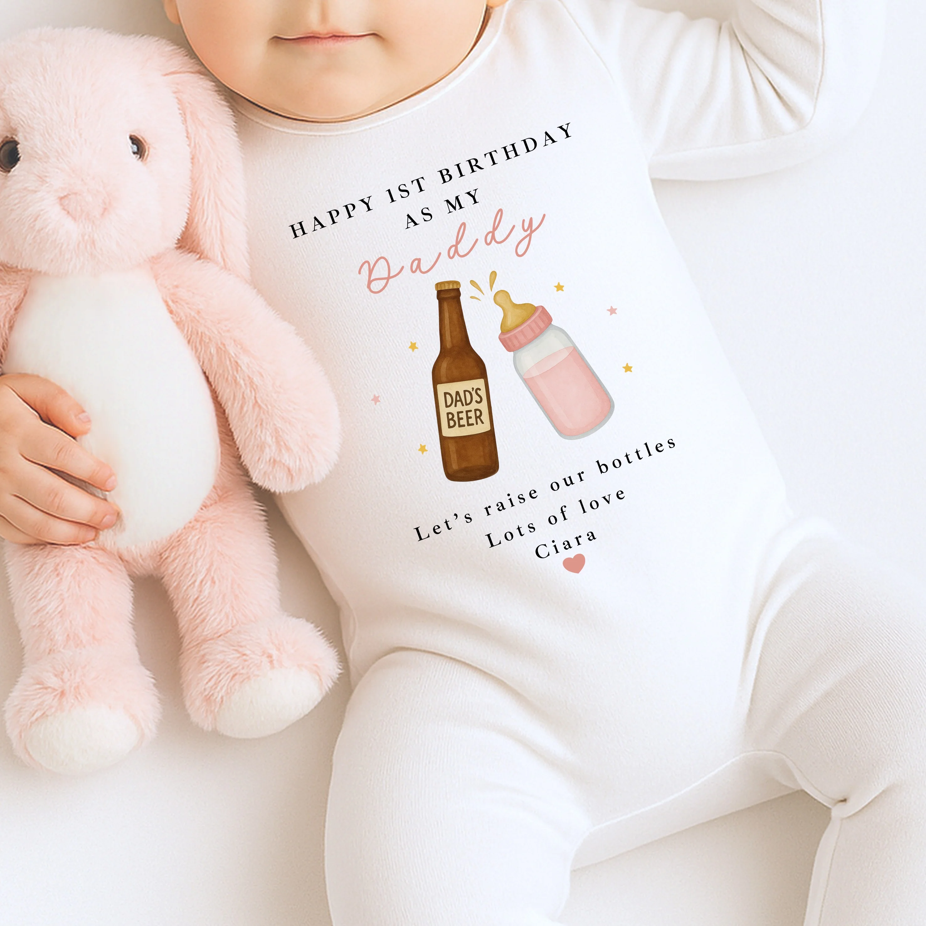 Personalised Beer & Milk Pink Happy First Birthday As My Daddy Baby Grow or Vest - Image 5