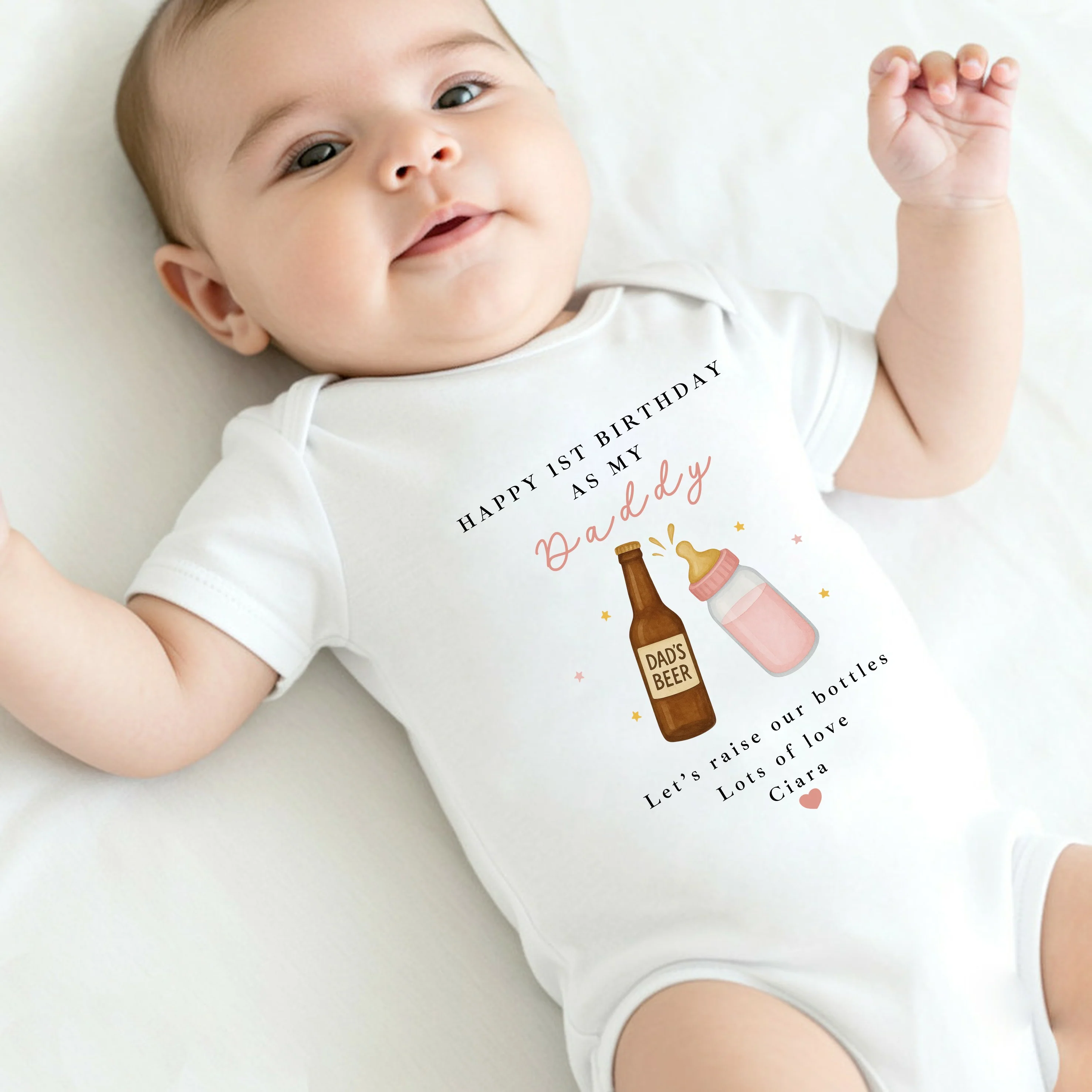 Personalised Beer & Milk Pink Happy First Birthday As My Daddy Baby Grow or Vest - Image 6