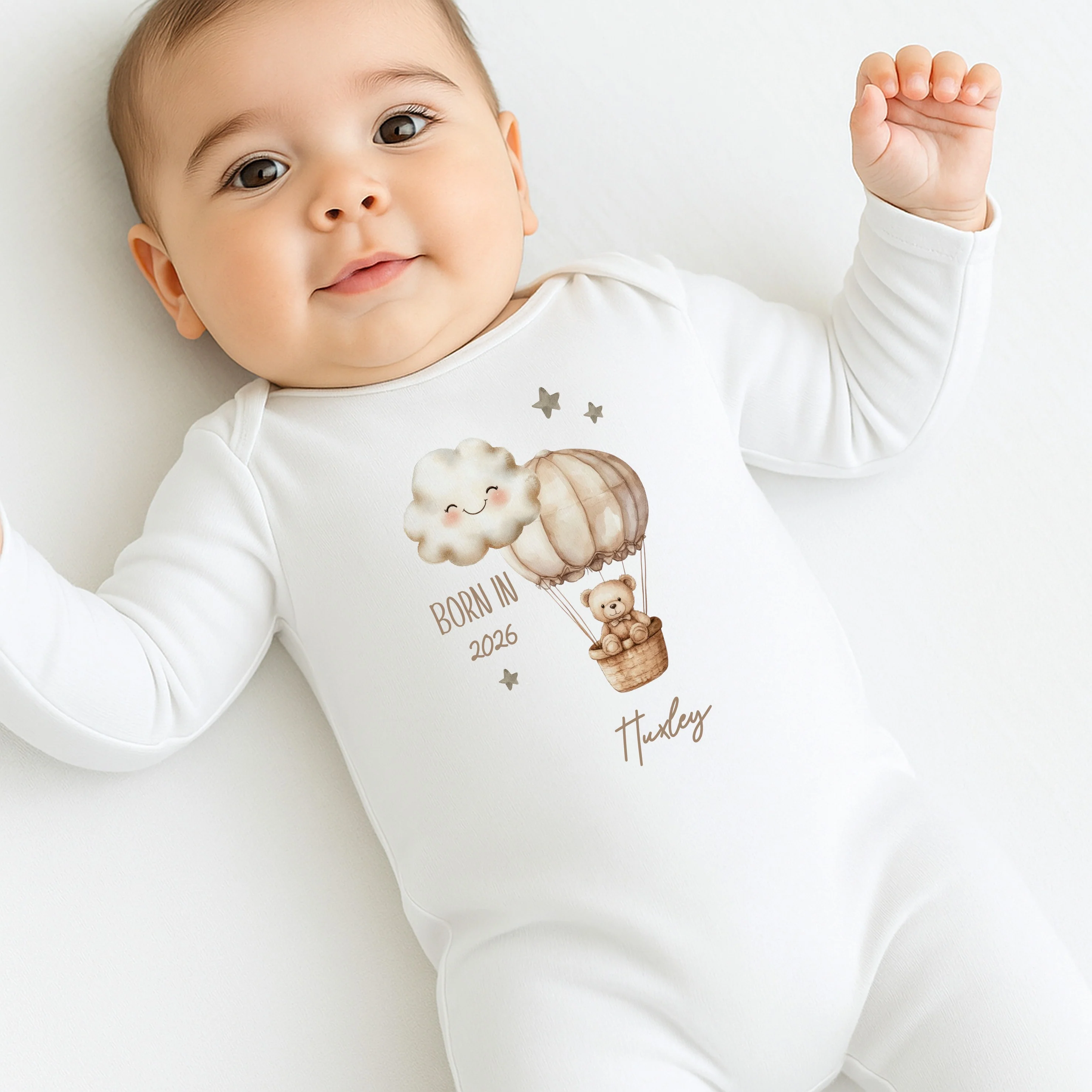 Personalised Beige Bear Hotair Balloon Born in 2026 Baby Grow, Vest or Bib - Image 2