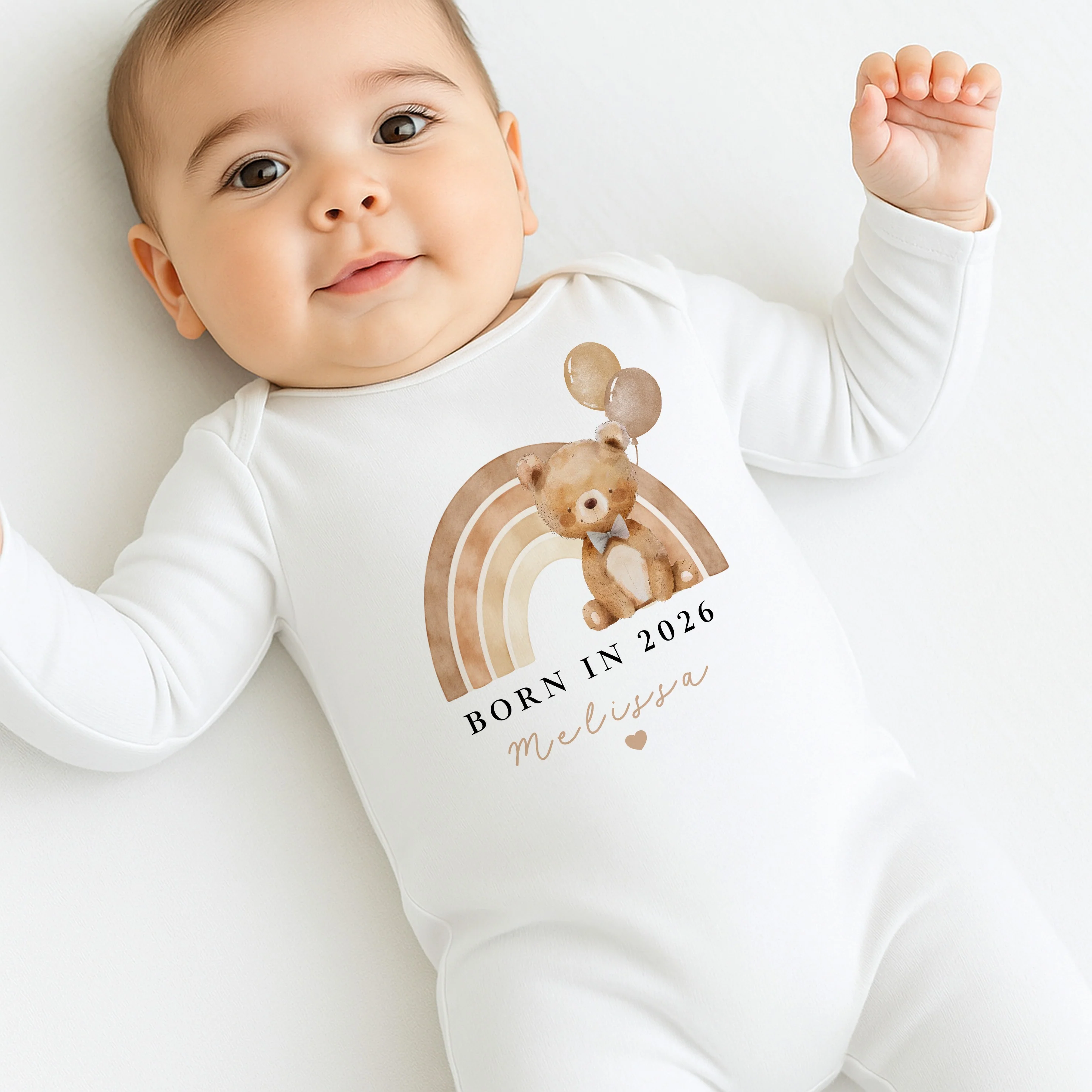 Personalised Beige Bear Rainbow Born in 2026 Baby Grow, Vest or Bib - Image 2