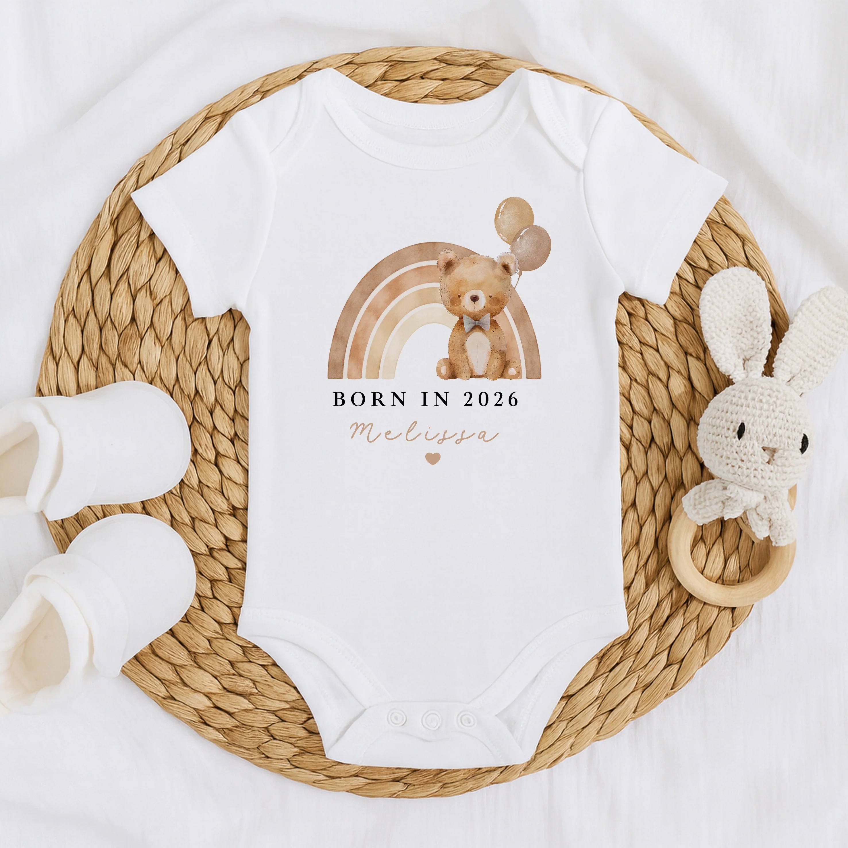 Personalised Beige Bear Rainbow Born in 2026 Baby Grow, Vest or Bib - Image 3