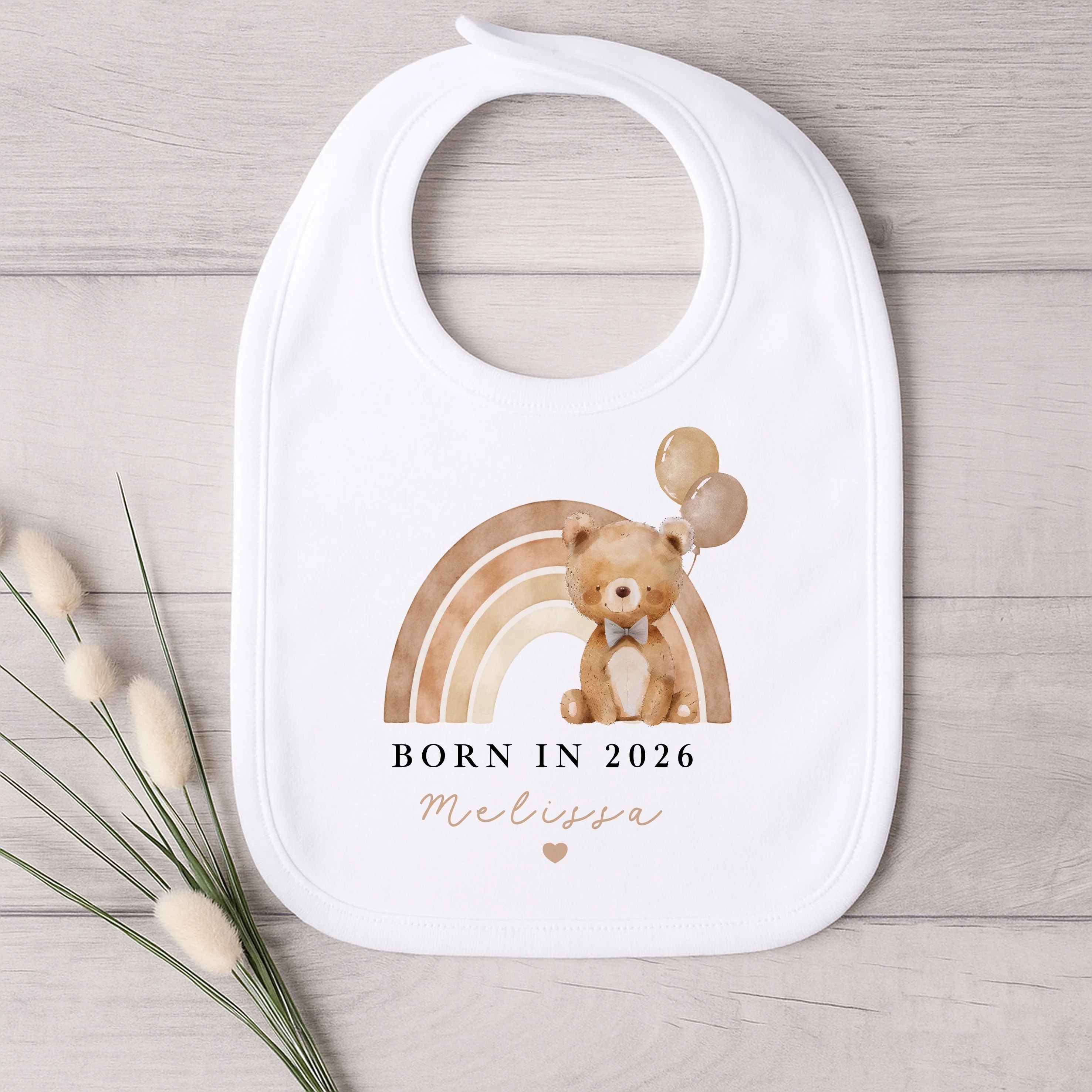 Personalised Beige Bear Rainbow Born in 2026 Baby Grow, Vest or Bib - Image 4