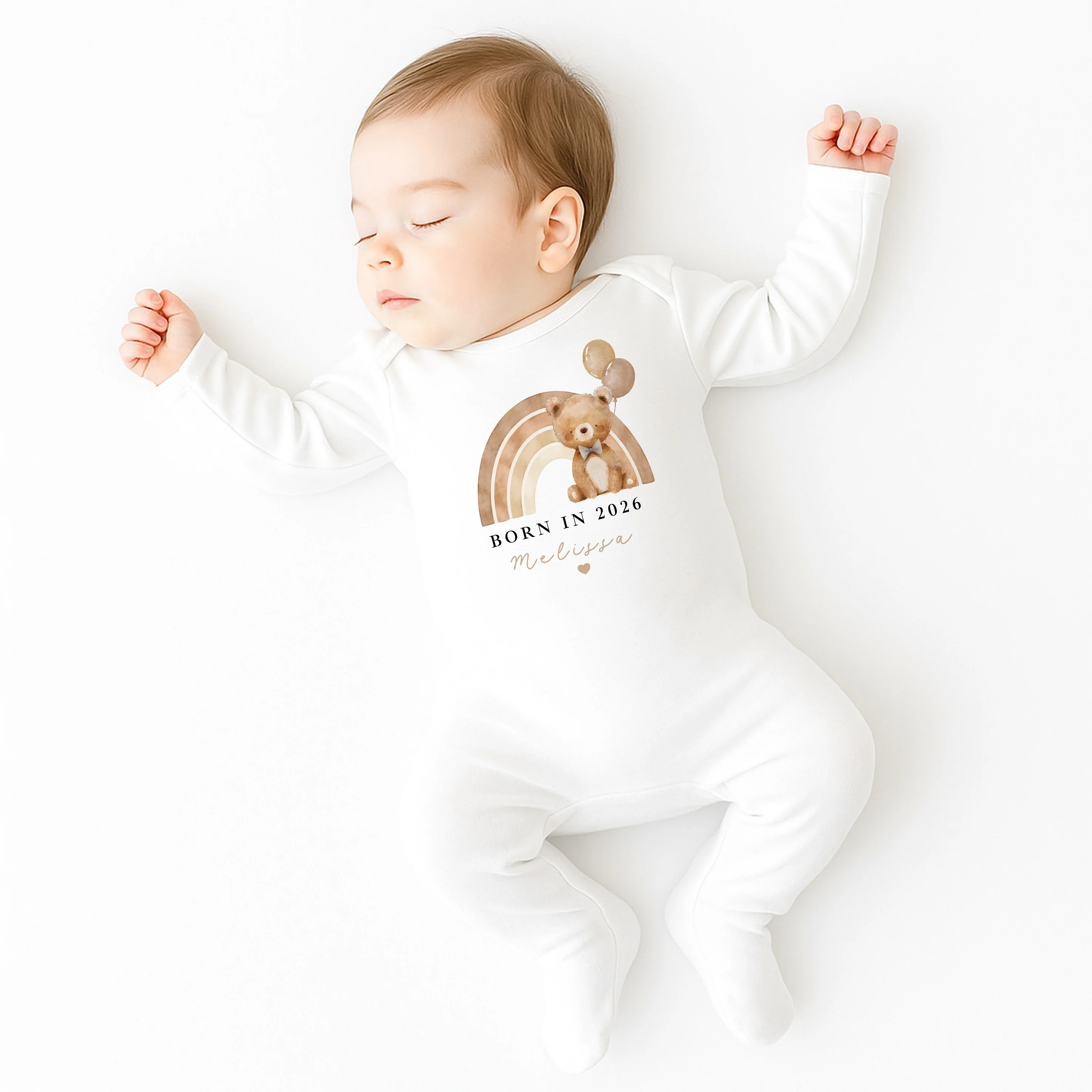 Personalised Beige Bear Rainbow Born in 2026 Baby Grow, Vest or Bib - Image 5