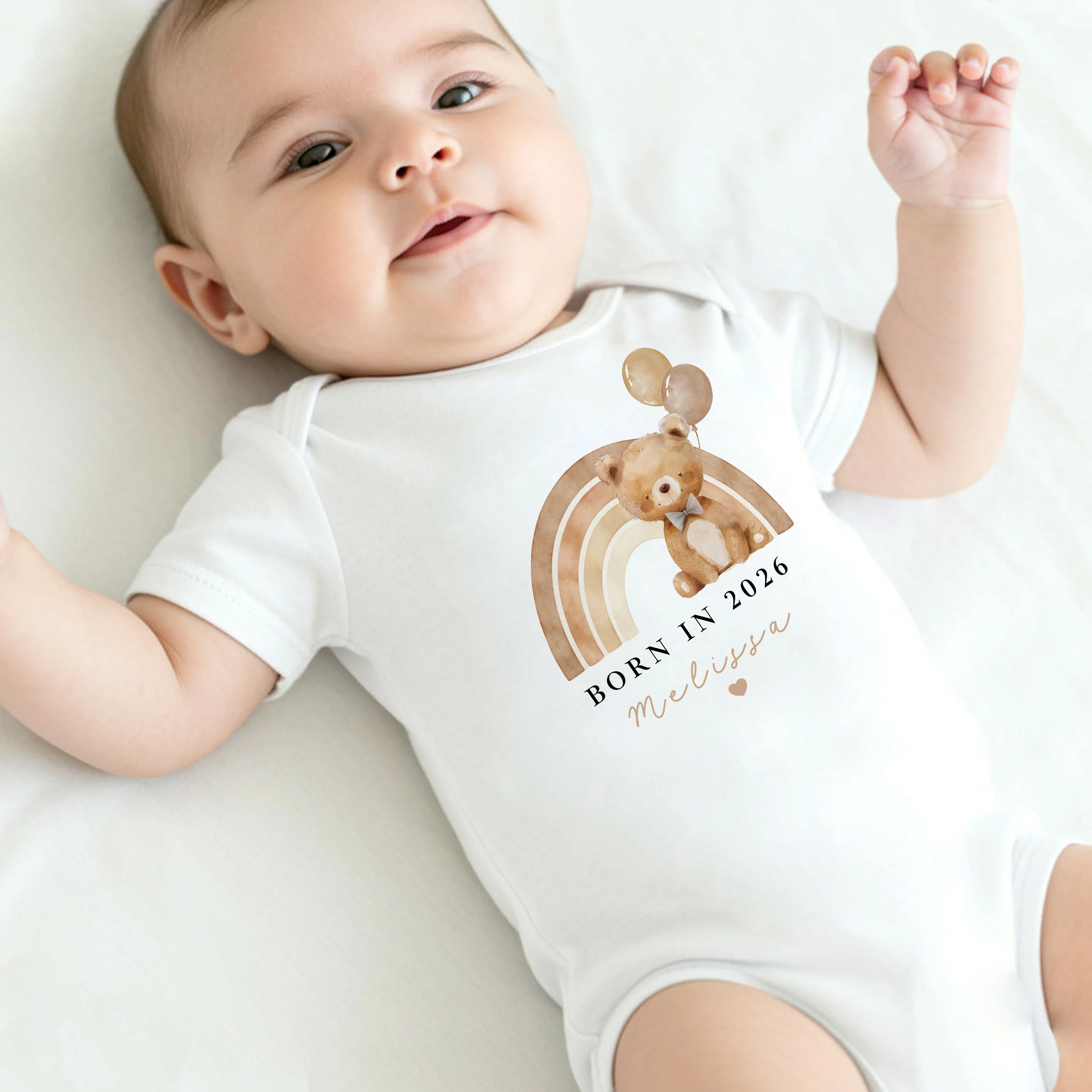 Personalised Beige Bear Rainbow Born in 2026 Baby Grow, Vest or Bib - Image 6
