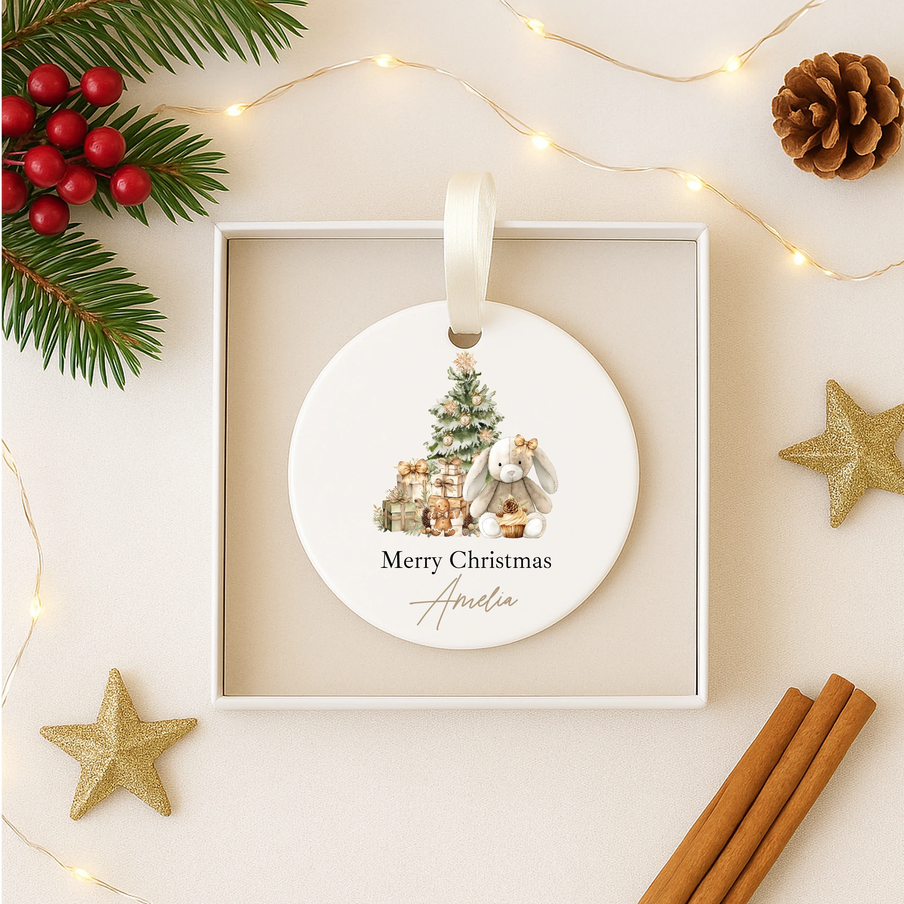 Personalised Beige Bunny Christmas Bauble - Image 3