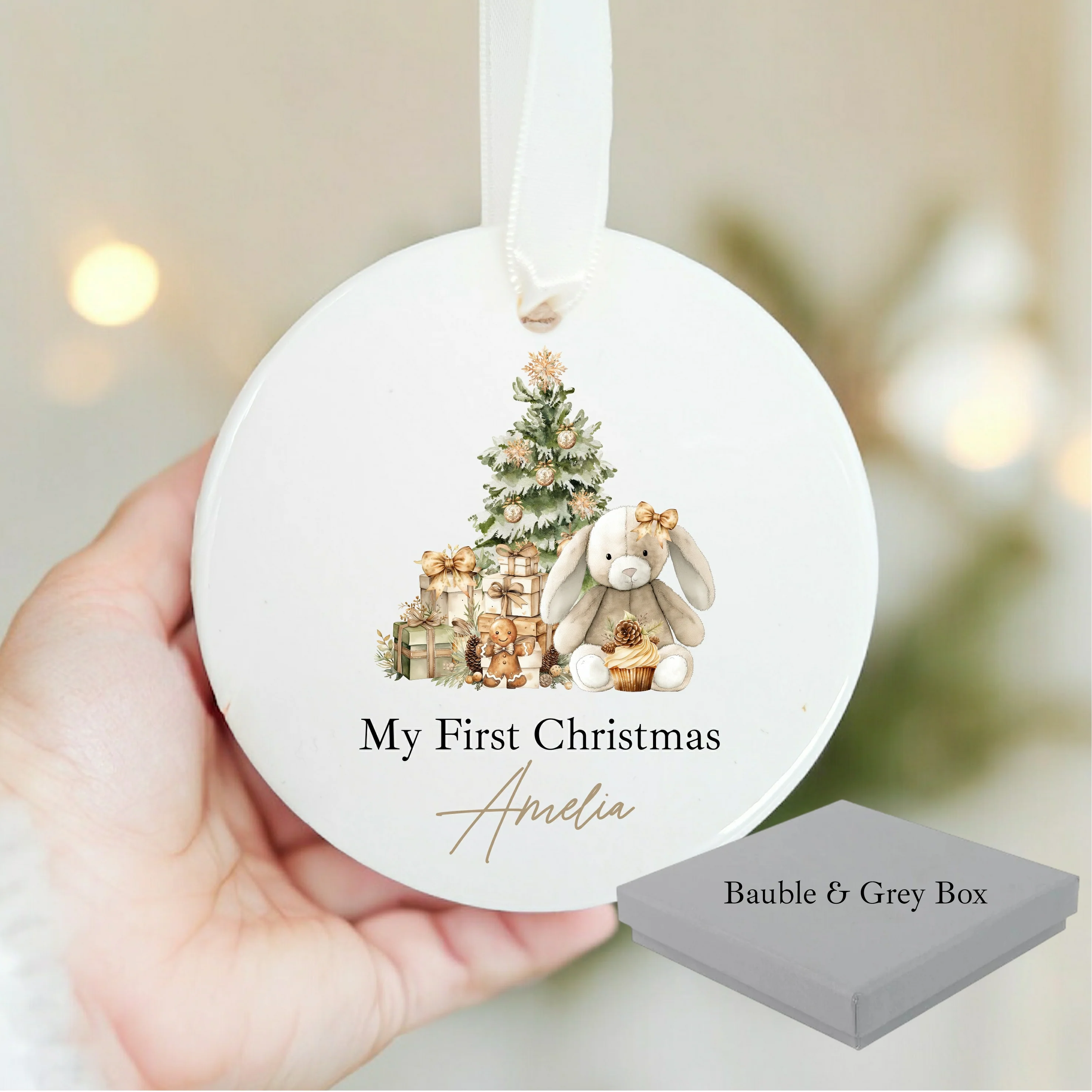 Personalised Beige Bunny Christmas Bauble - Image 5