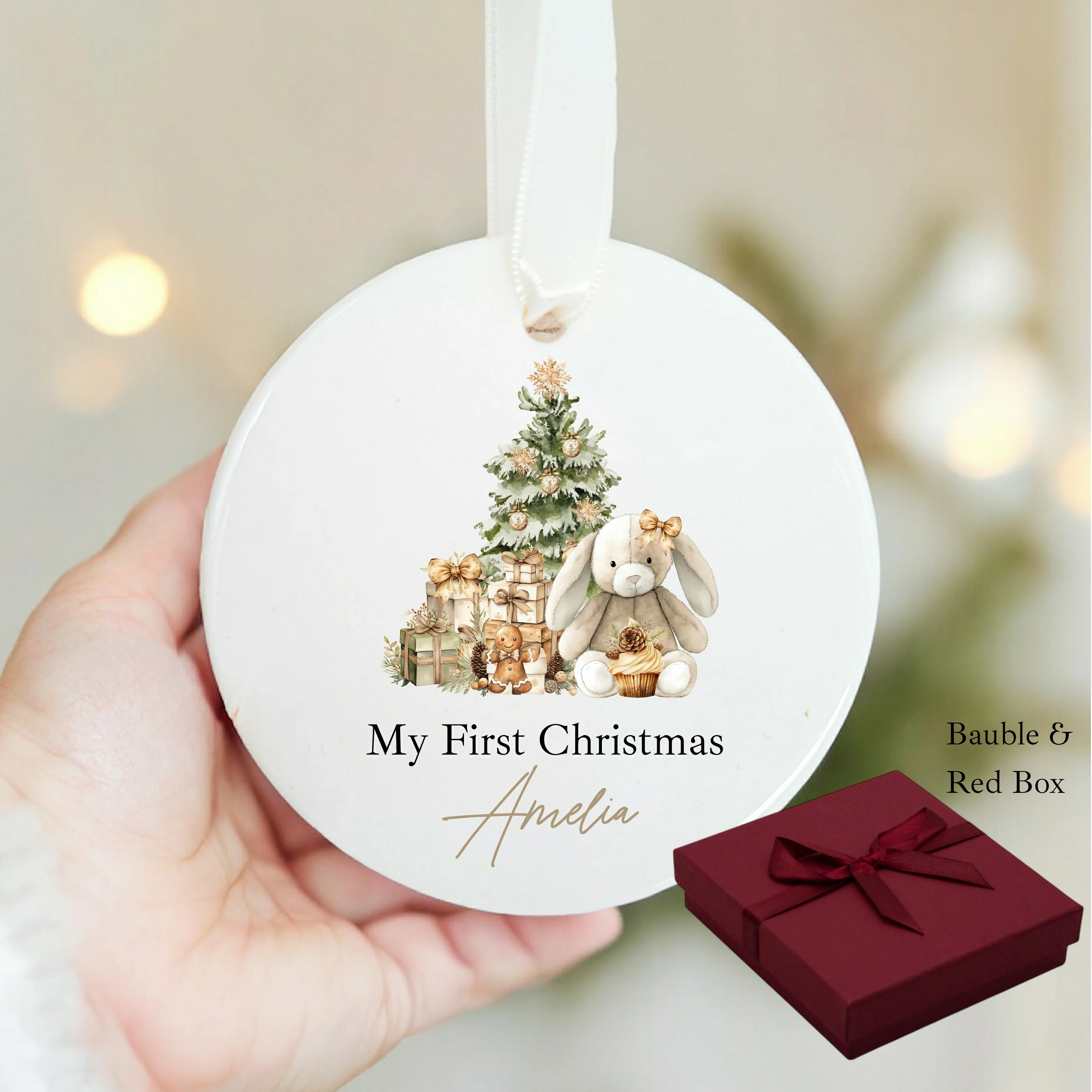 Personalised Beige Bunny Christmas Bauble - Image 6