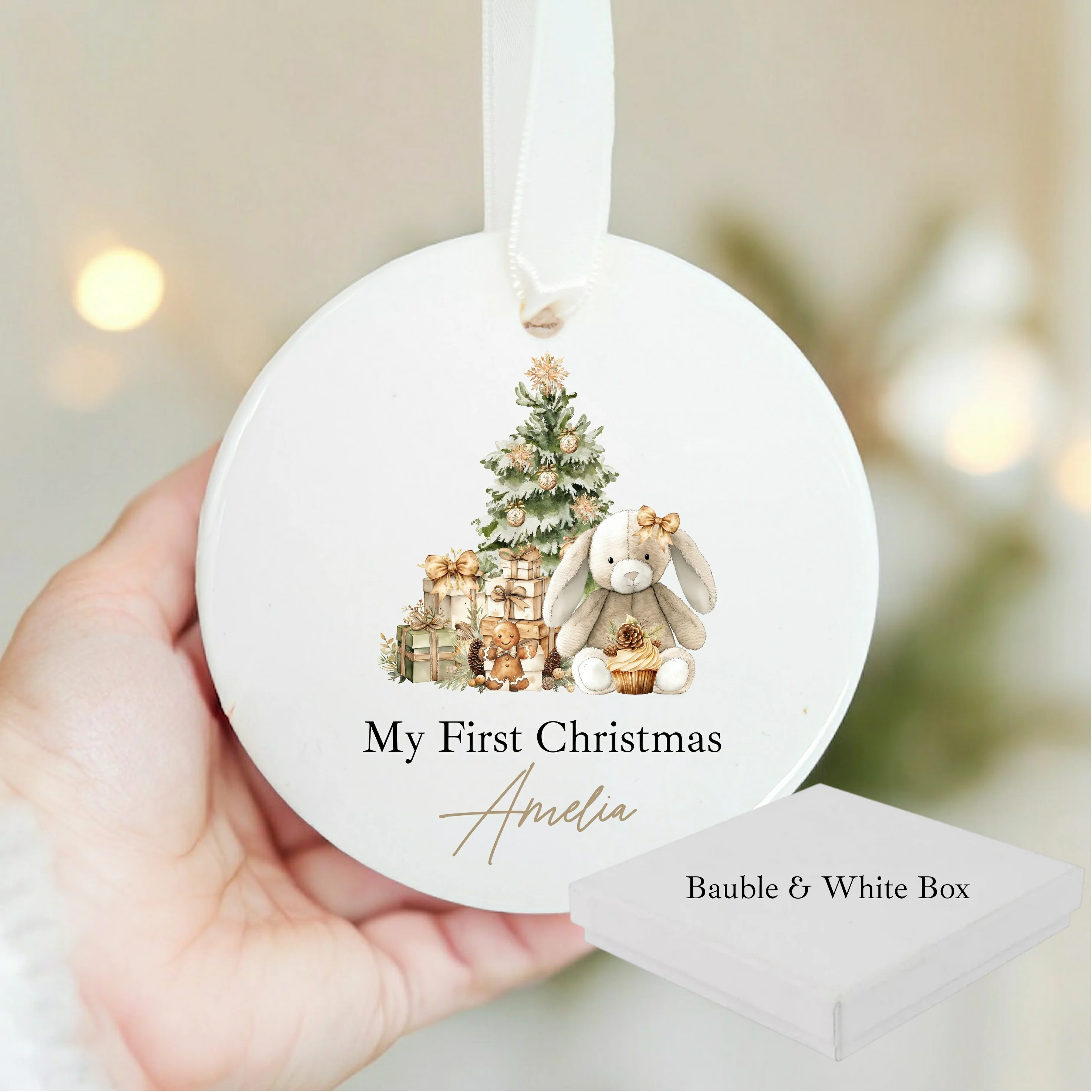 Personalised Beige Bunny Christmas Bauble - Image 7
