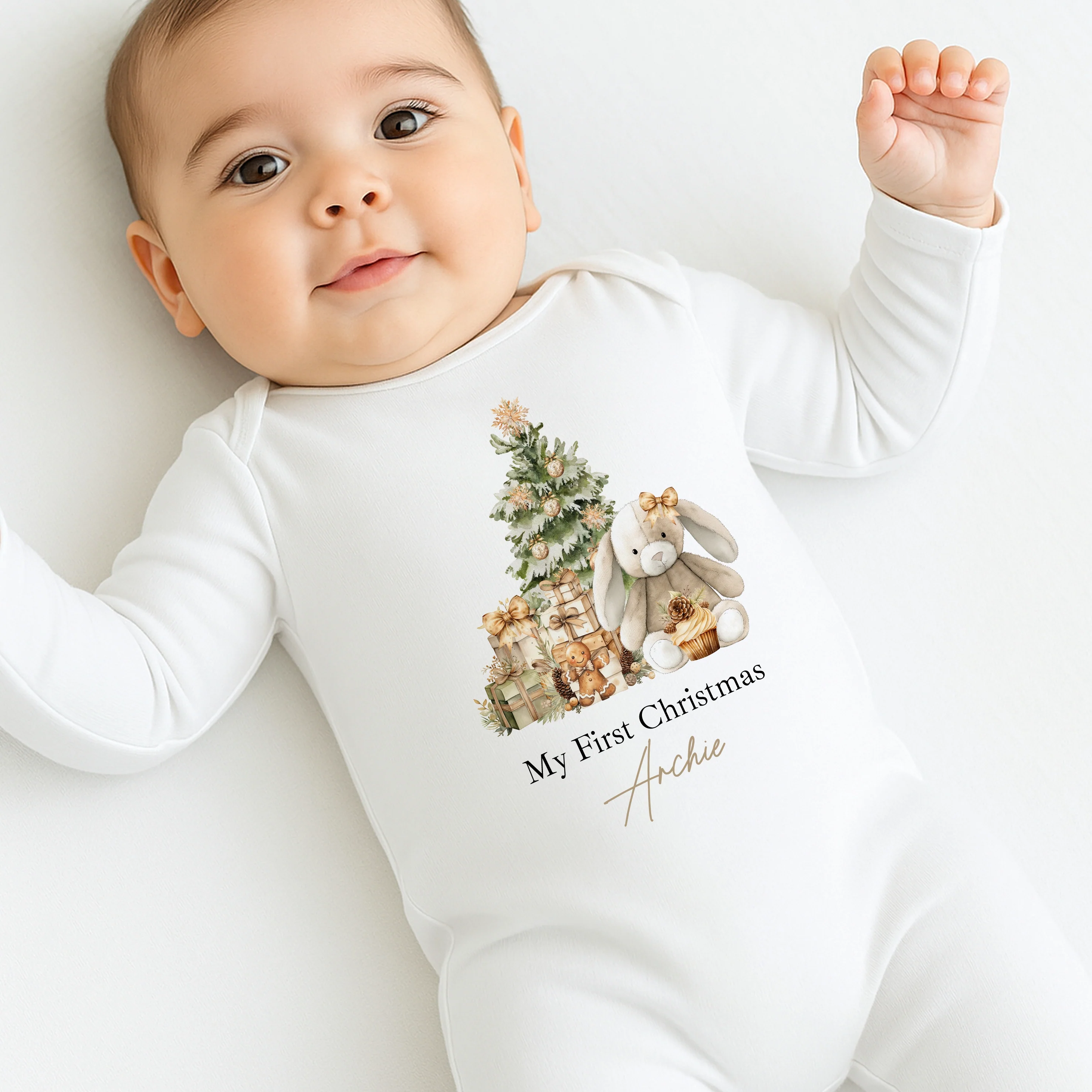 Personalised Beige Bunny First Christmas Baby Grow/Vest/Bib