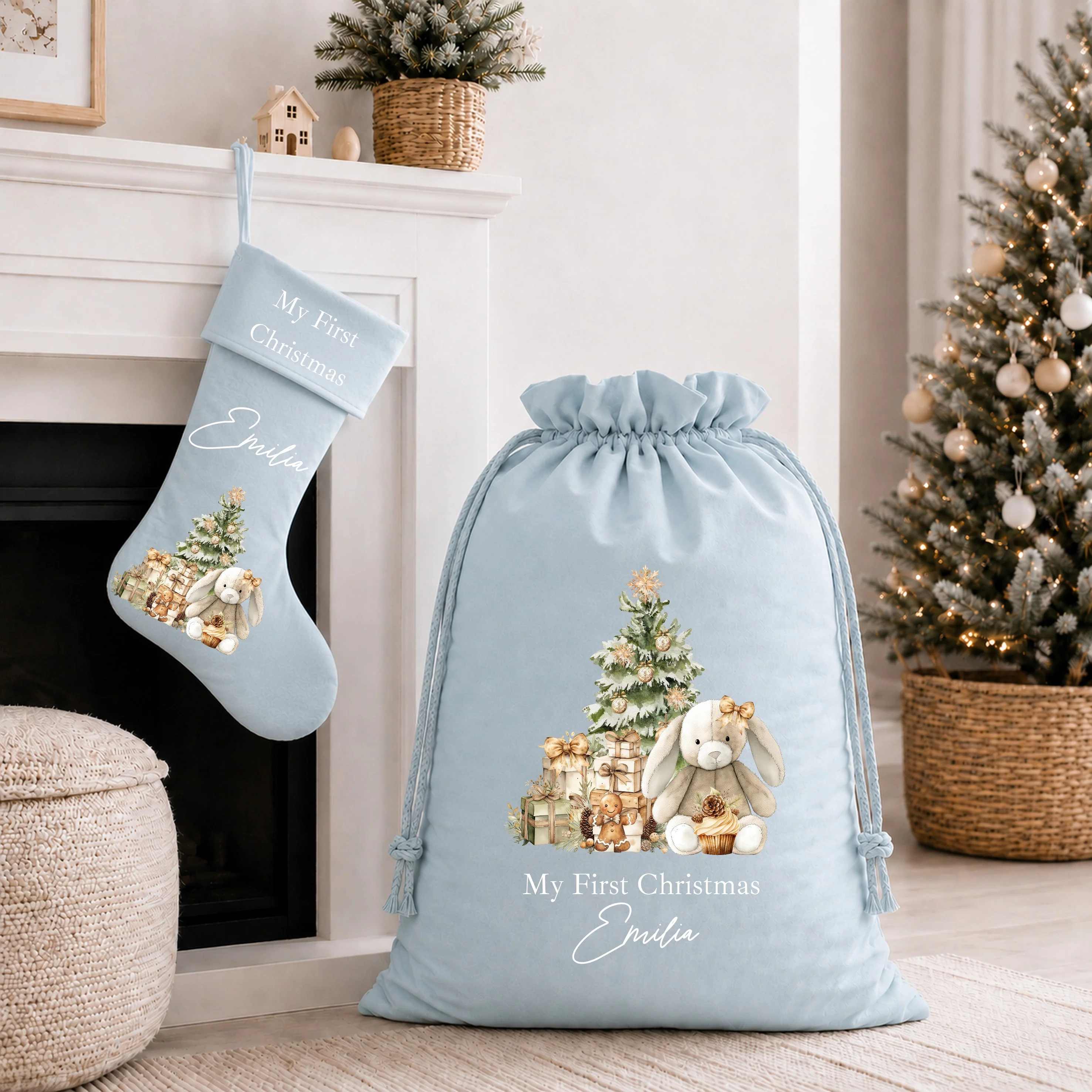 Personalised Beige Bunny My First Christmas Santa Sack or Stocking - Image 2