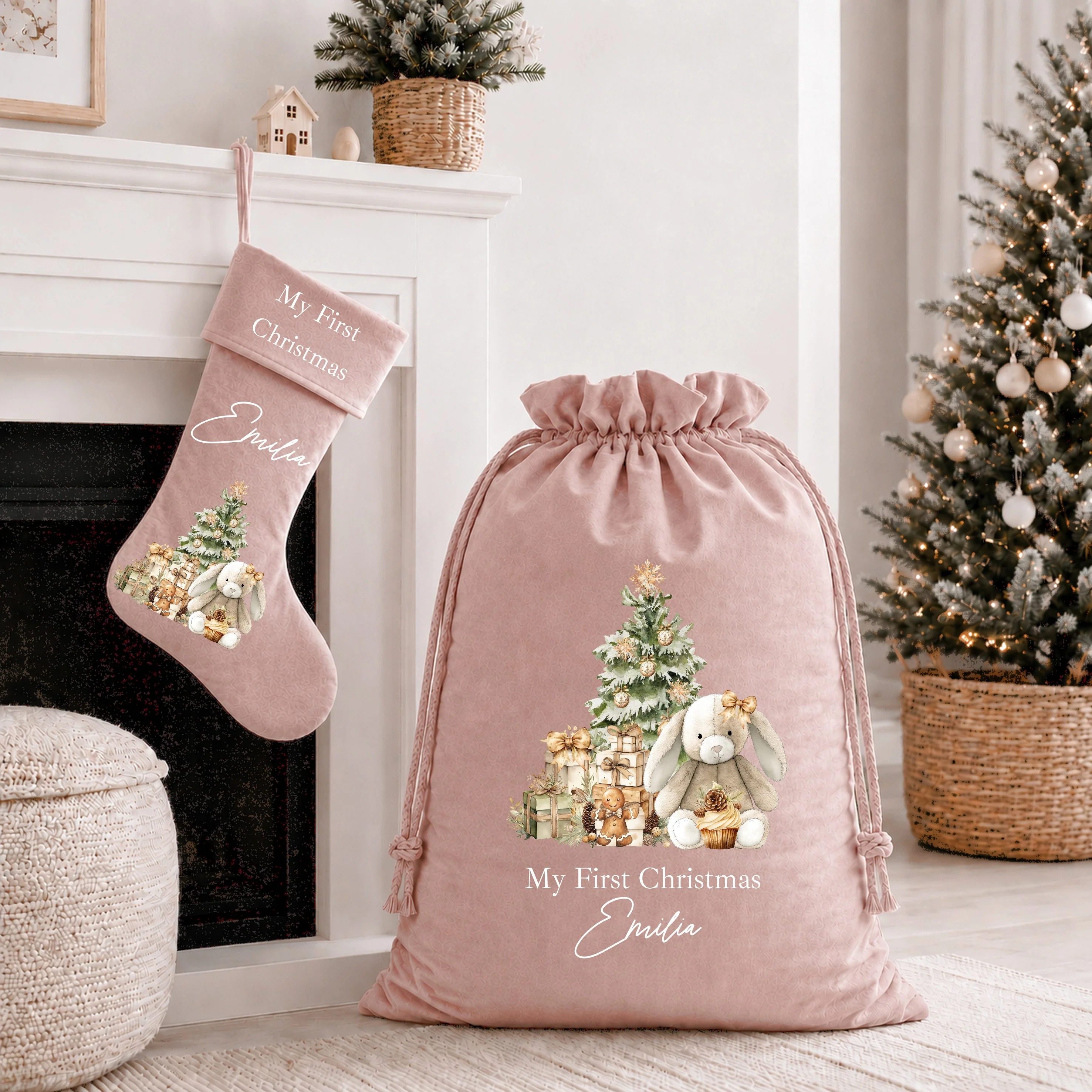 Personalised Beige Bunny My First Christmas Santa Sack or Stocking - Image 4