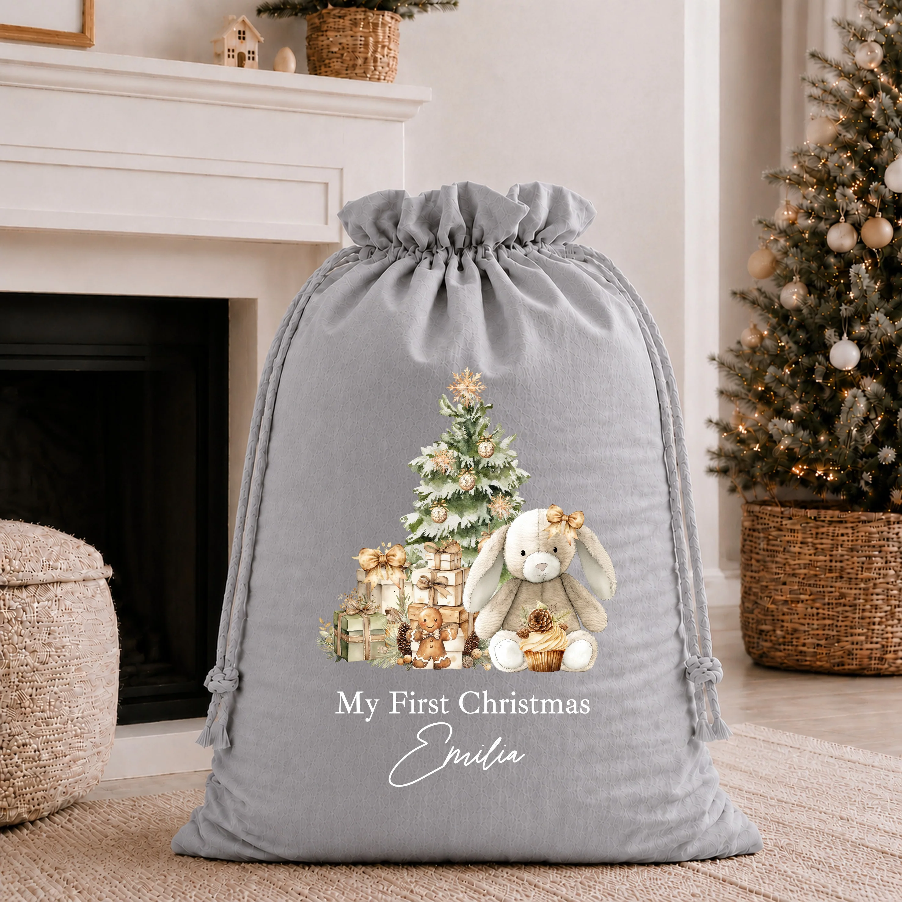 Personalised Beige Bunny My First Christmas Santa Sack or Stocking - Image 8