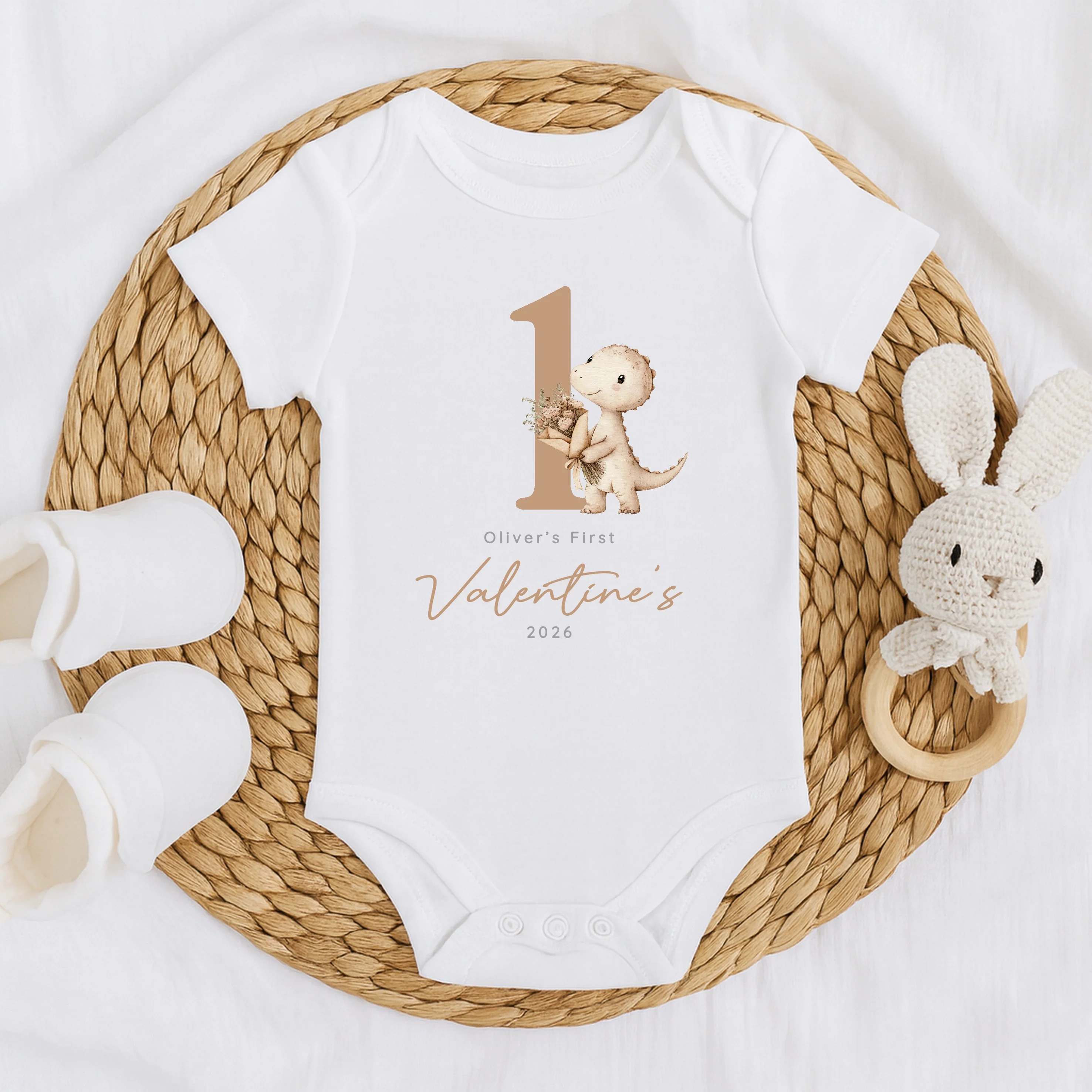 Personalised Beige Dinosaur My First Valentines Day Baby Grow, Vest or Bib - Image 2