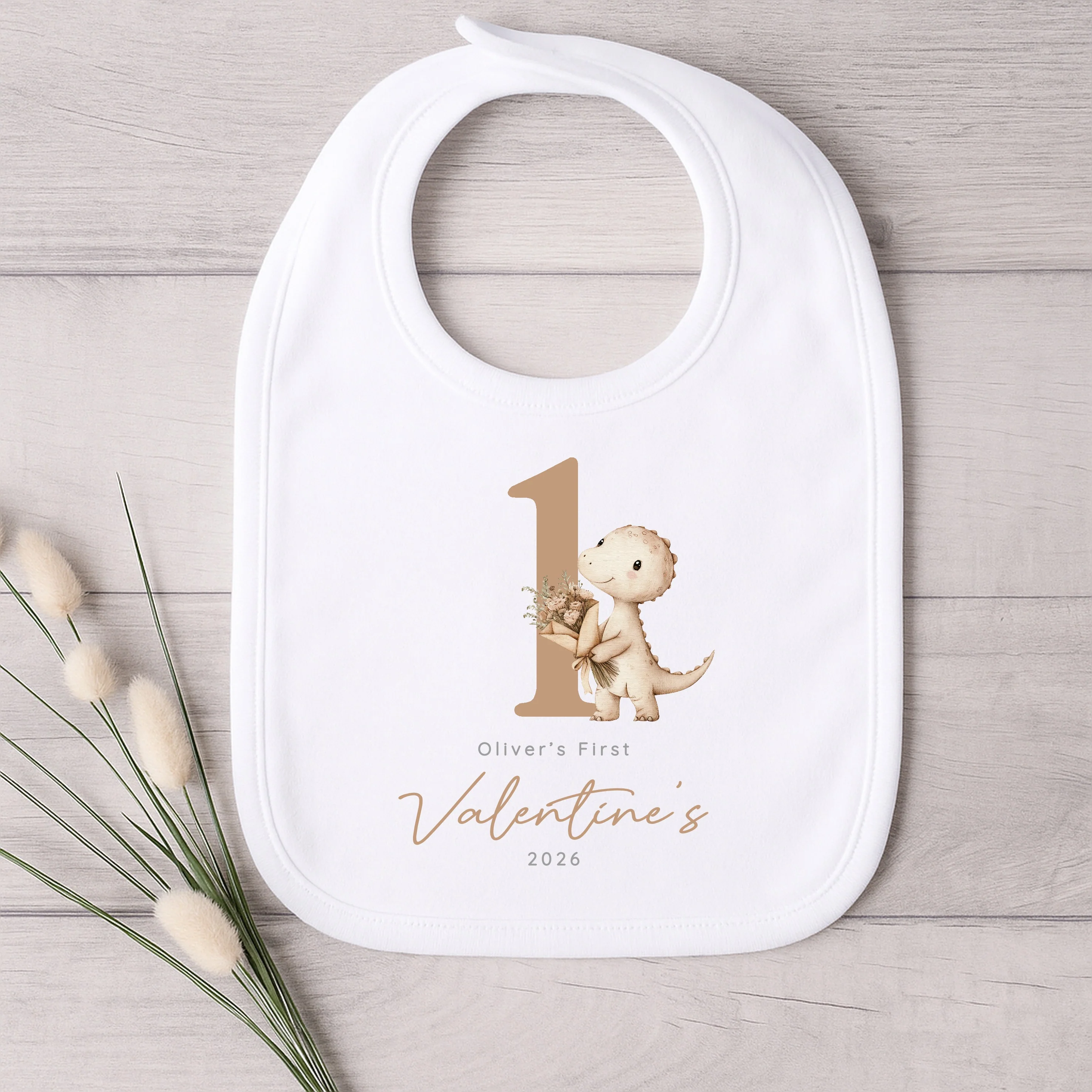 Personalised Beige Dinosaur My First Valentines Day Baby Grow, Vest or Bib - Image 3