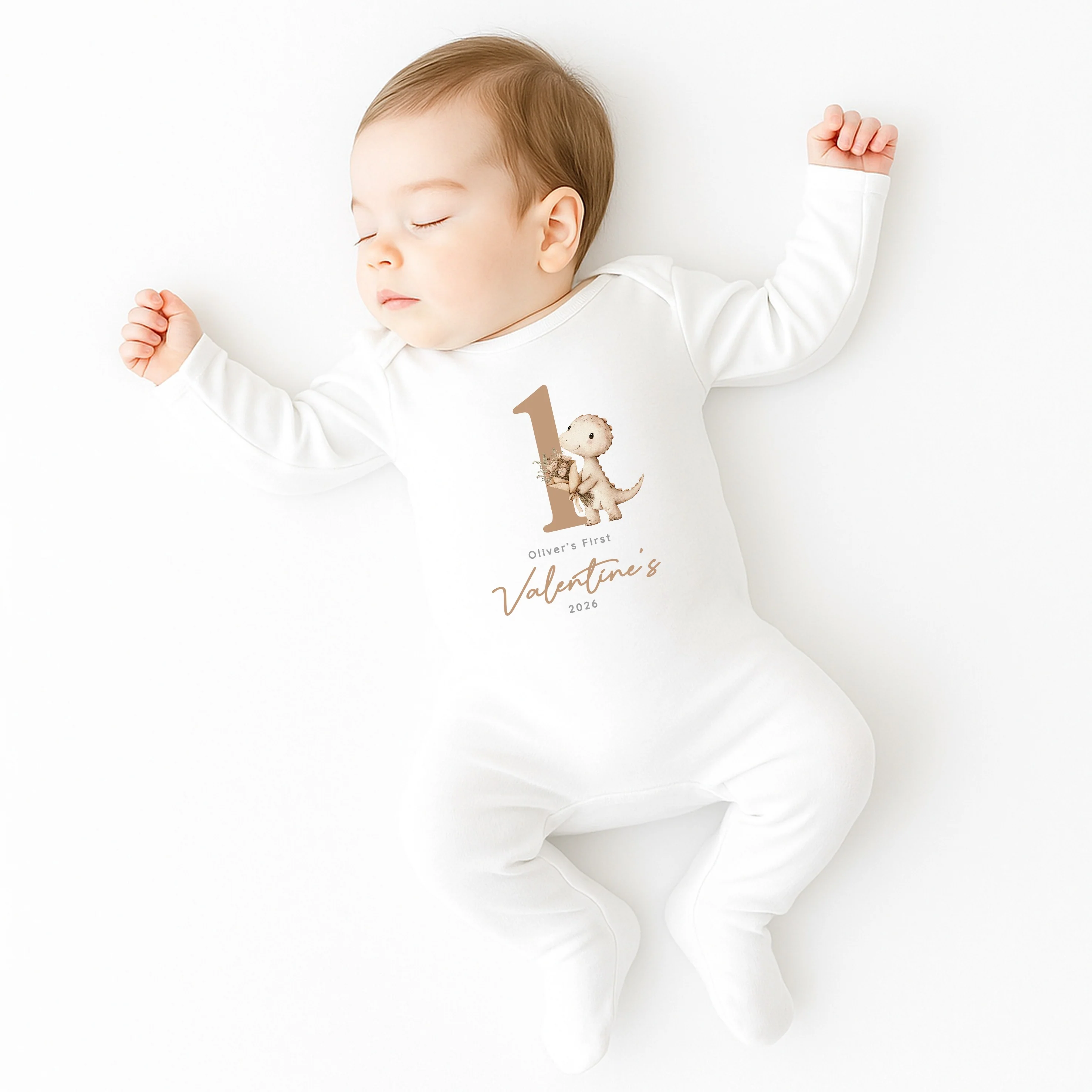 Personalised Beige Dinosaur My First Valentines Day Baby Grow, Vest or Bib - Image 4