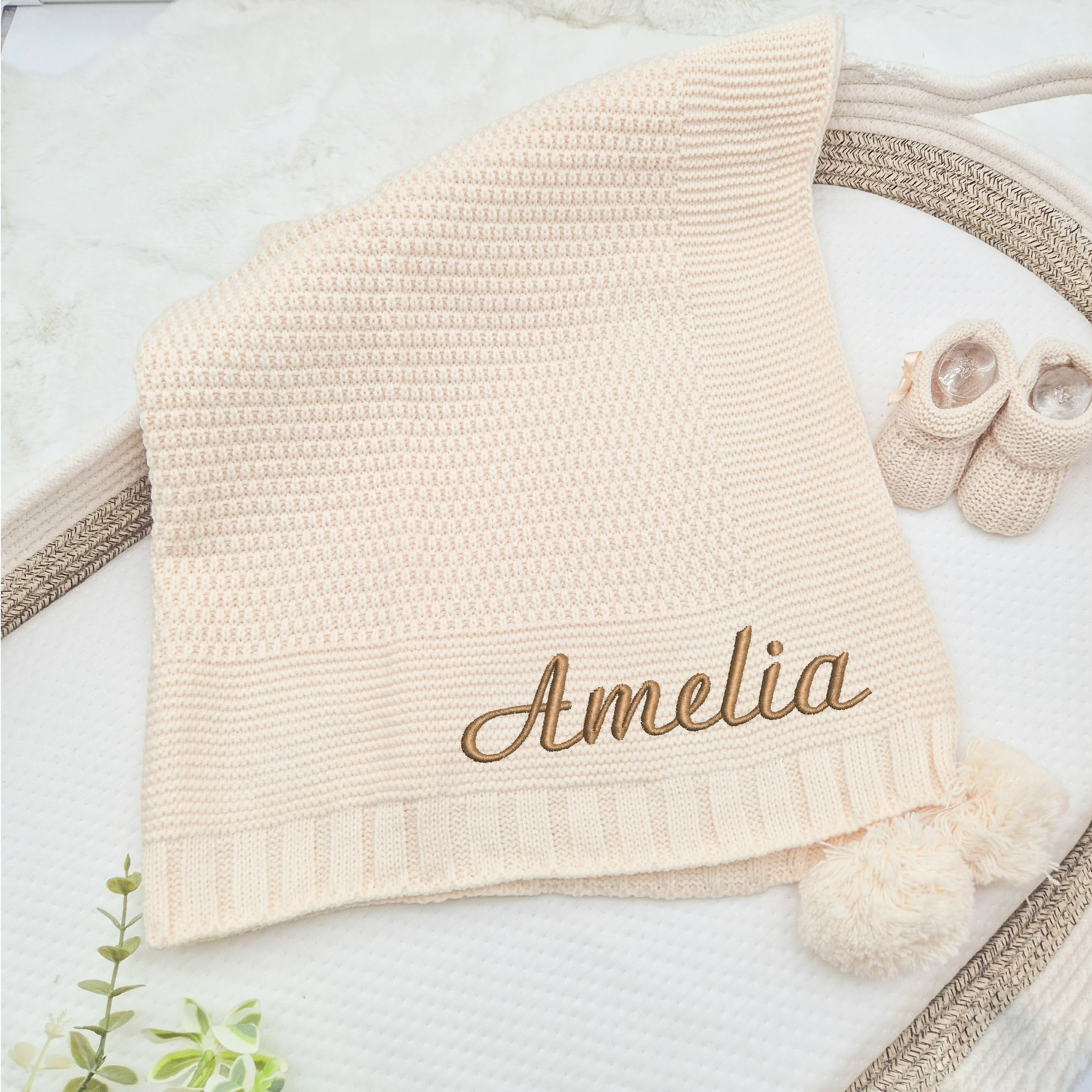 Personalised Beige Embroidered Knitted Baby Blanket - Image 2