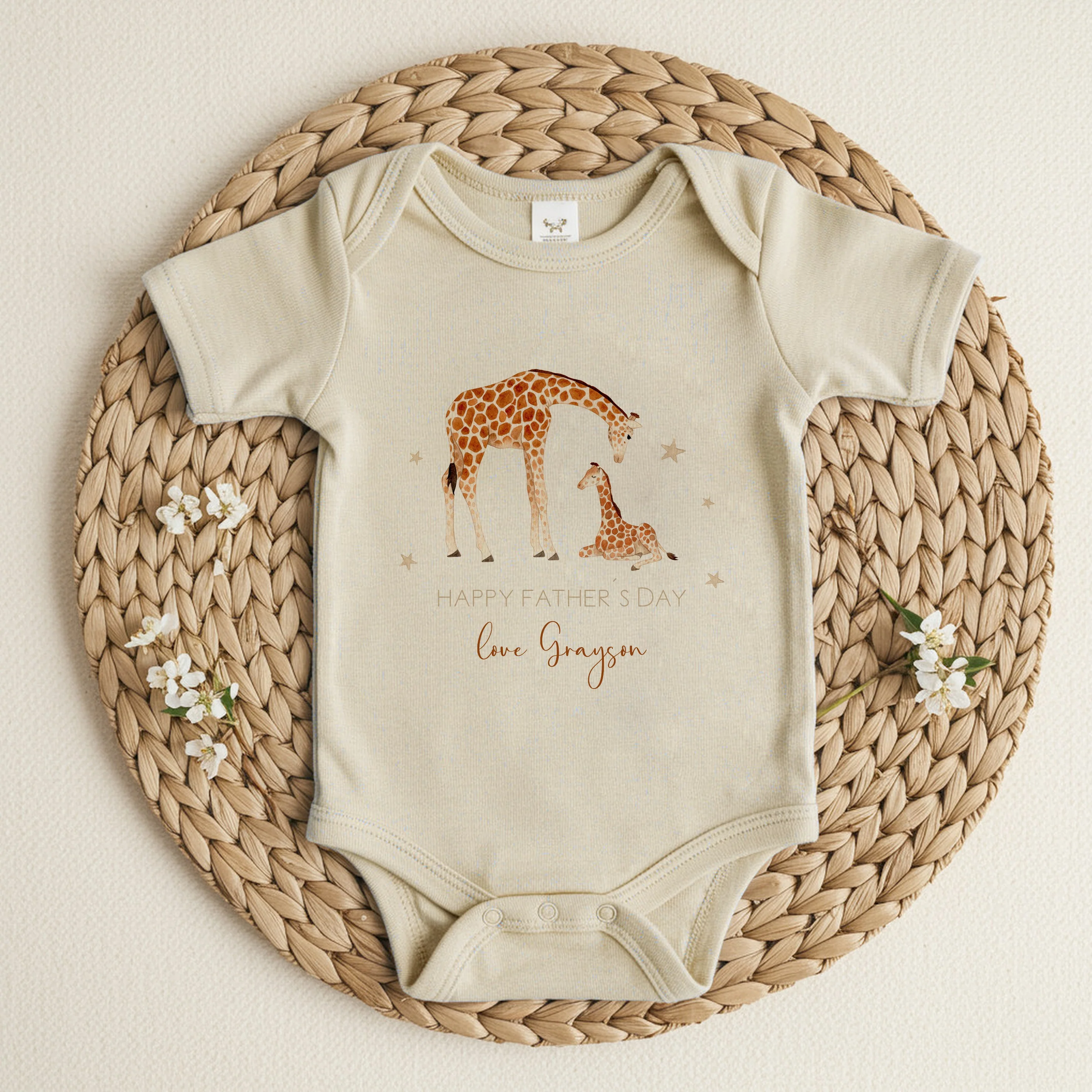 Personalised Beige Giraffes Happy Father's Day Romper or Baby Grow - Image 3
