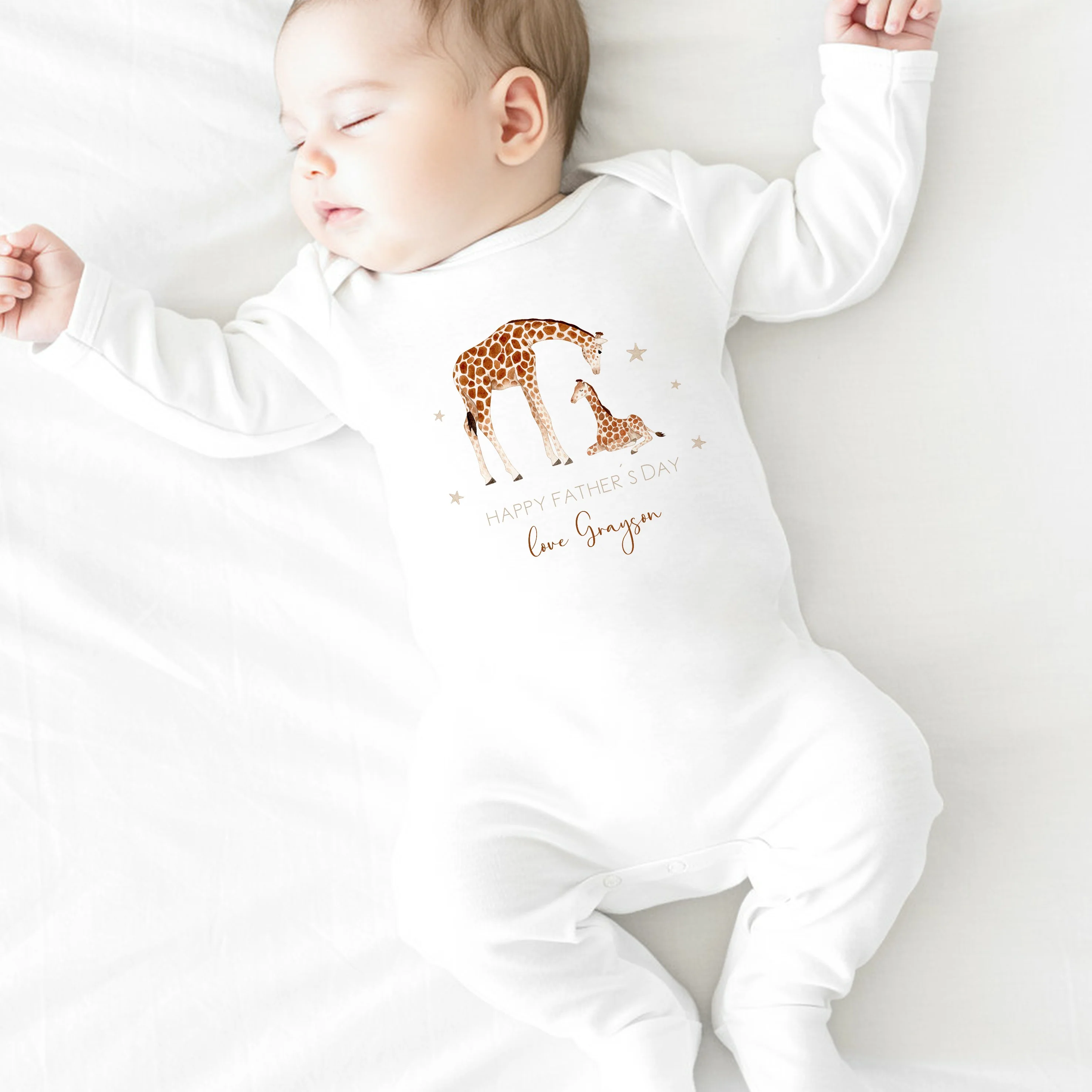 Personalised Beige Giraffes Happy Father's Day Romper or Baby Grow - Image 4