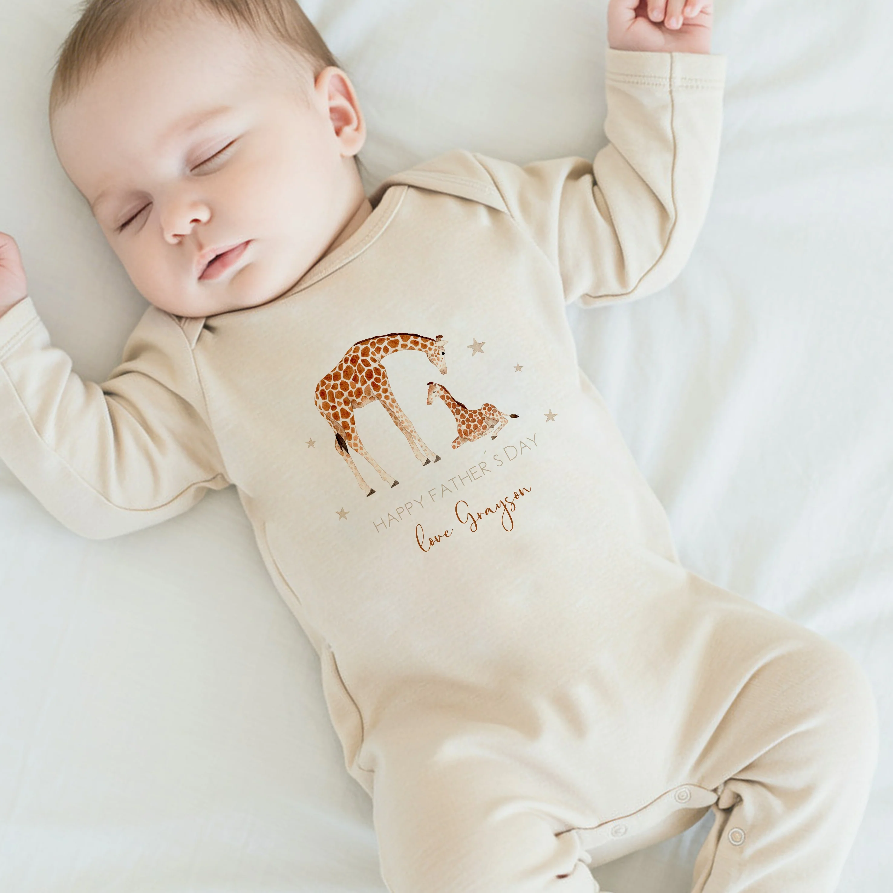 Personalised Beige Giraffes Happy Father's Day Romper or Baby Grow - Image 5